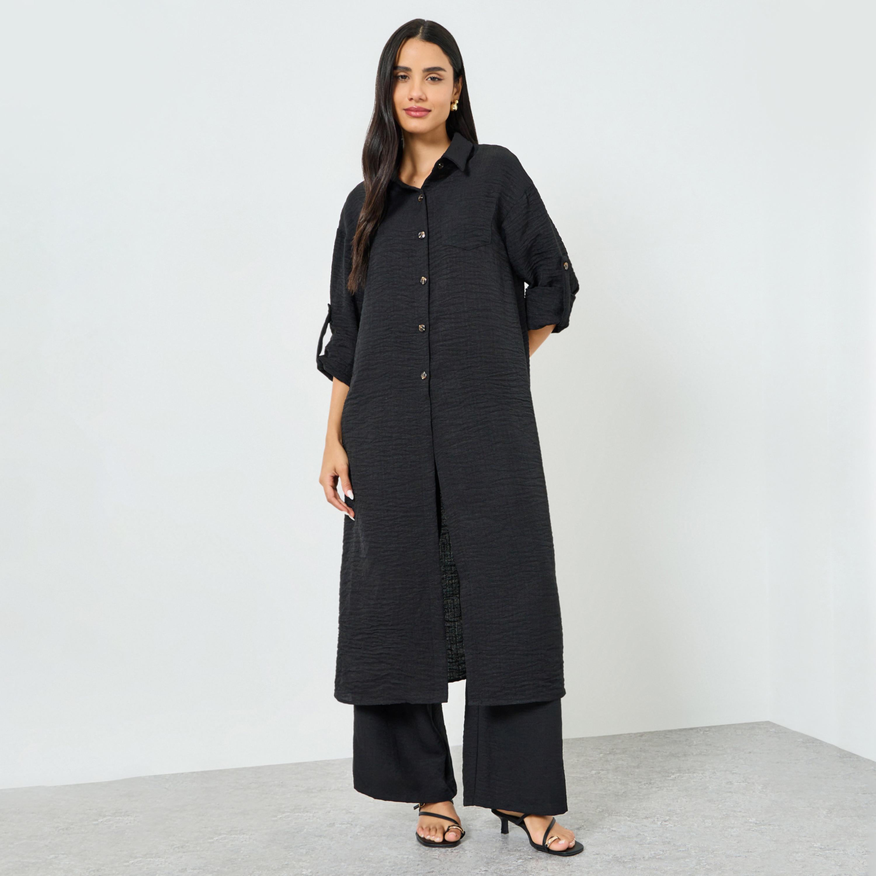 Styli Black Buttoned Shirt Kimono and Pant Co-ords-women-clothing-coordsets-image-1