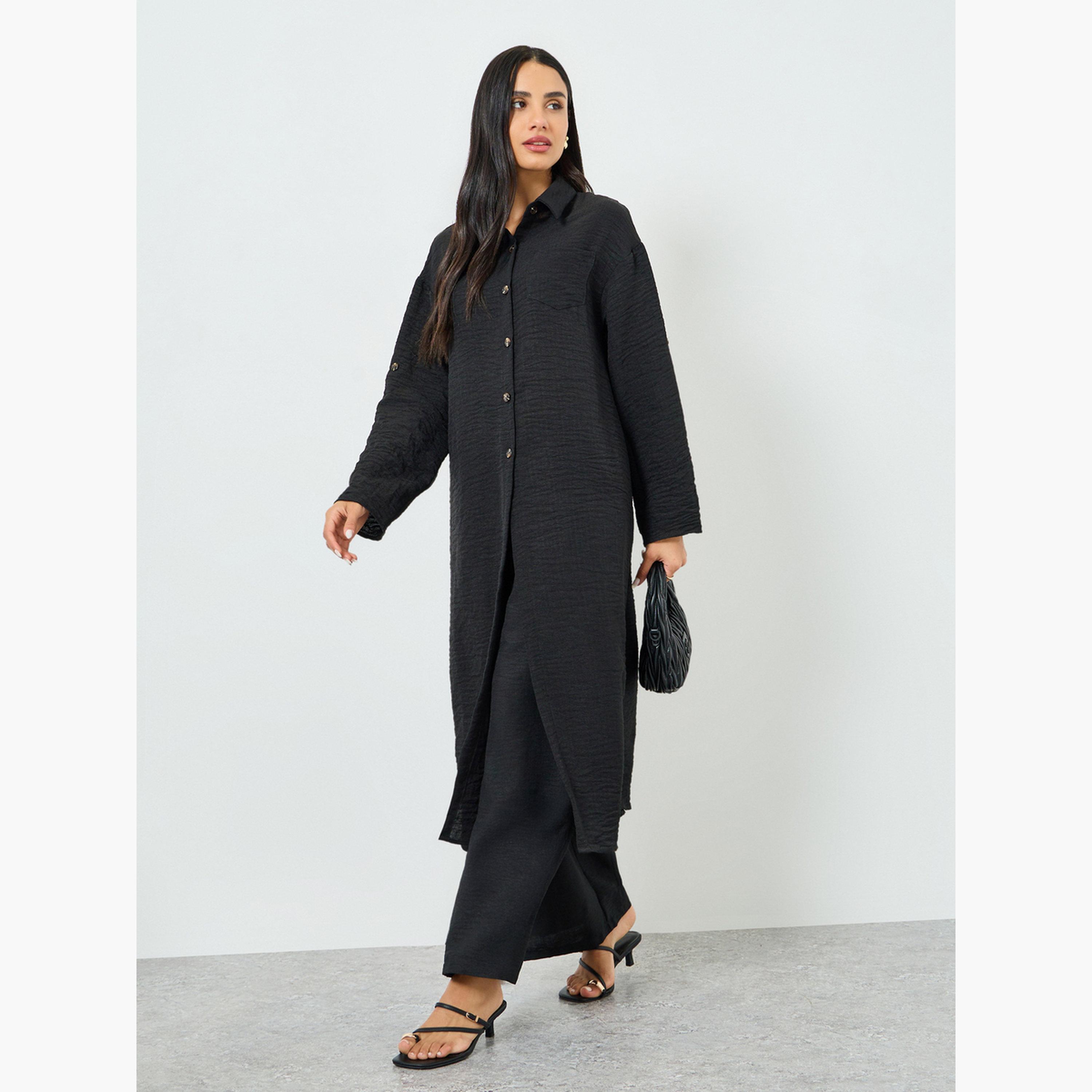 طقم منسق كيمونو بقميص وأزرار مع بنطلون لون أسود-women-clothing-coordsets-image-2