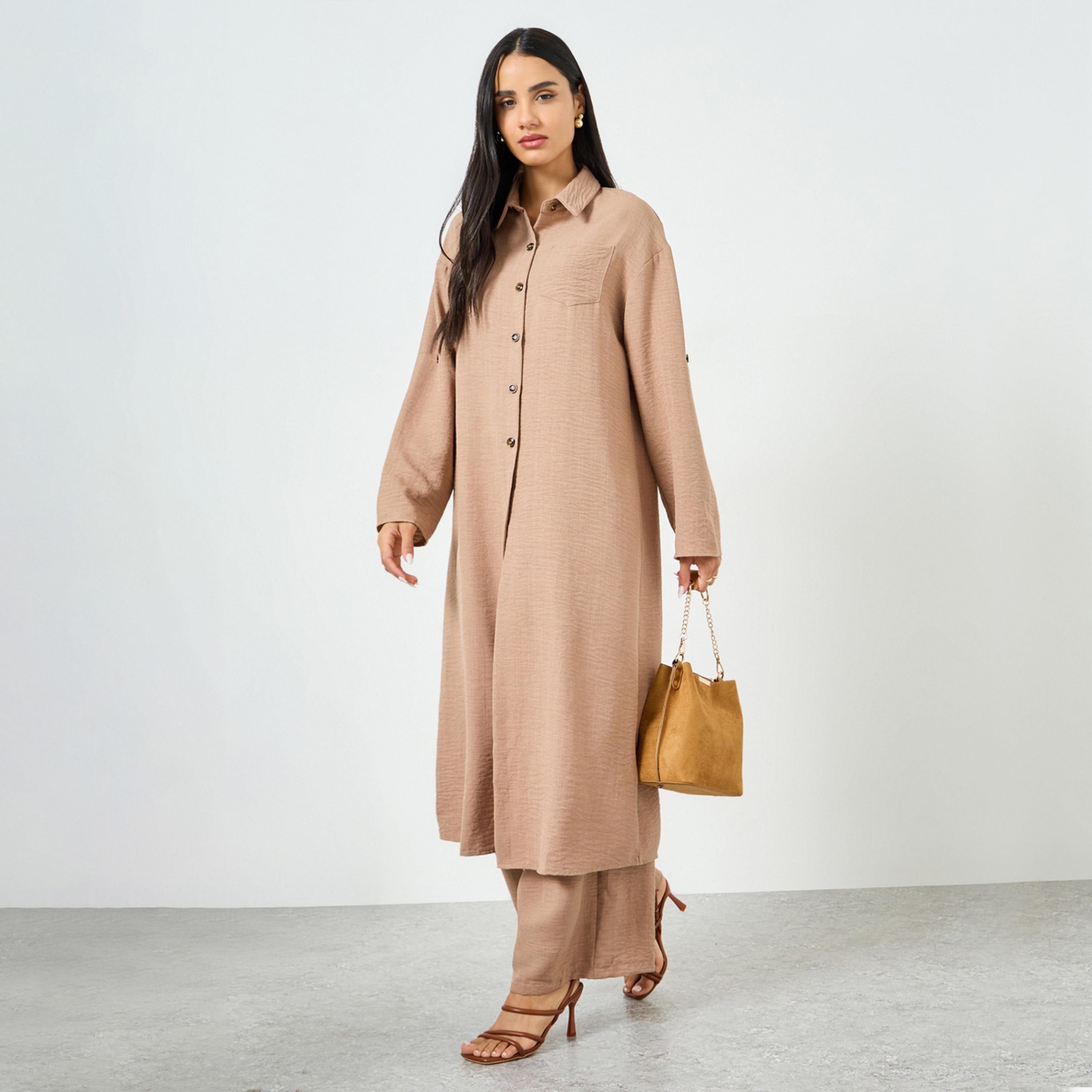 Styli Beige Buttoned Shirt Kimono and Pant Co-ords-women-clothing-coordsets-image-1