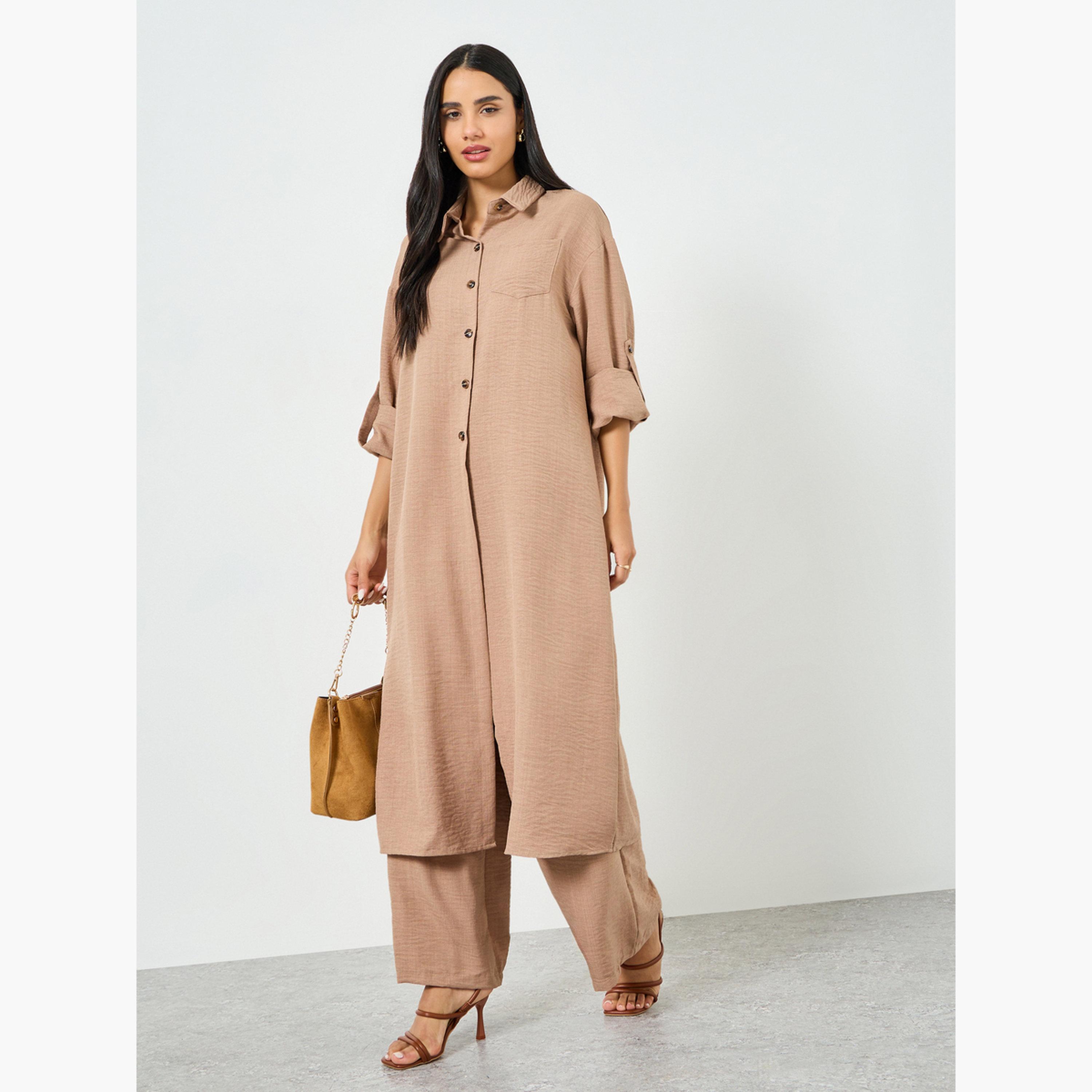 طقم منسق كيمونو بقميص وأزرار مع بنطلون لون بيج-women-clothing-coordsets-image-2