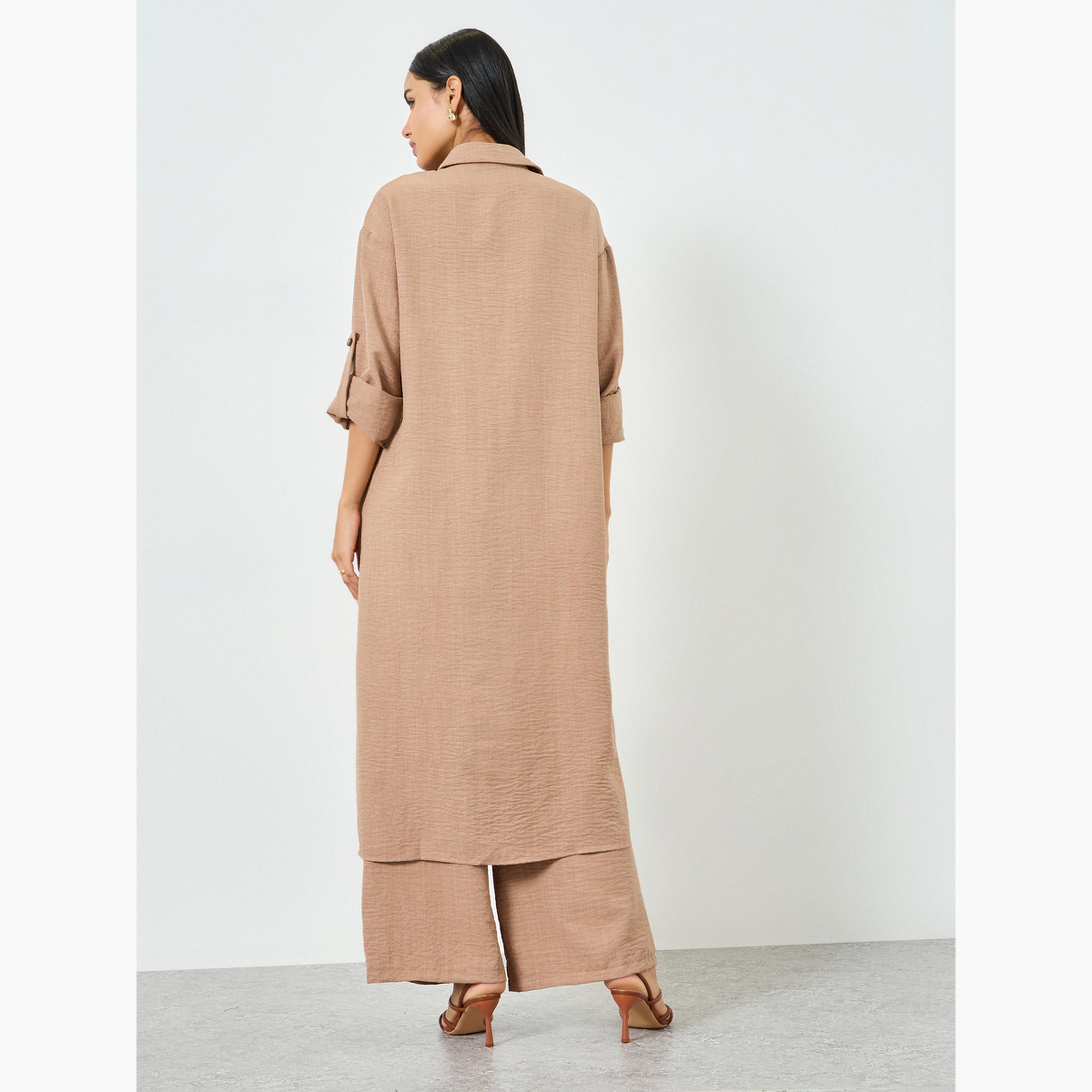 Styli Beige Buttoned Shirt Kimono and Pant Co-ords-women-clothing-coordsets-image-6