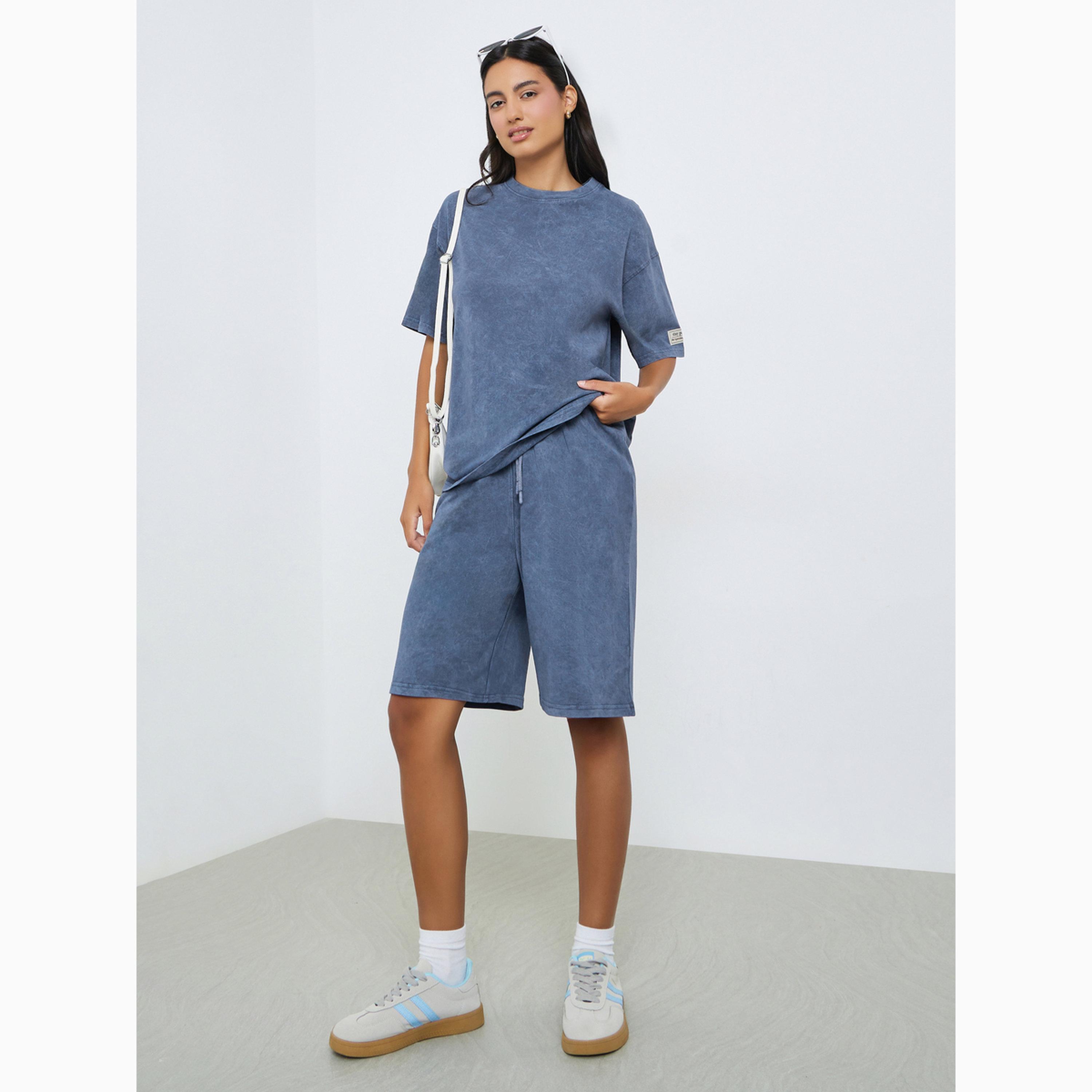 Styli Blue Terry Washed Shorts with Drawstring-women-clothing-swimandbeach-beach-beachwear-image-2