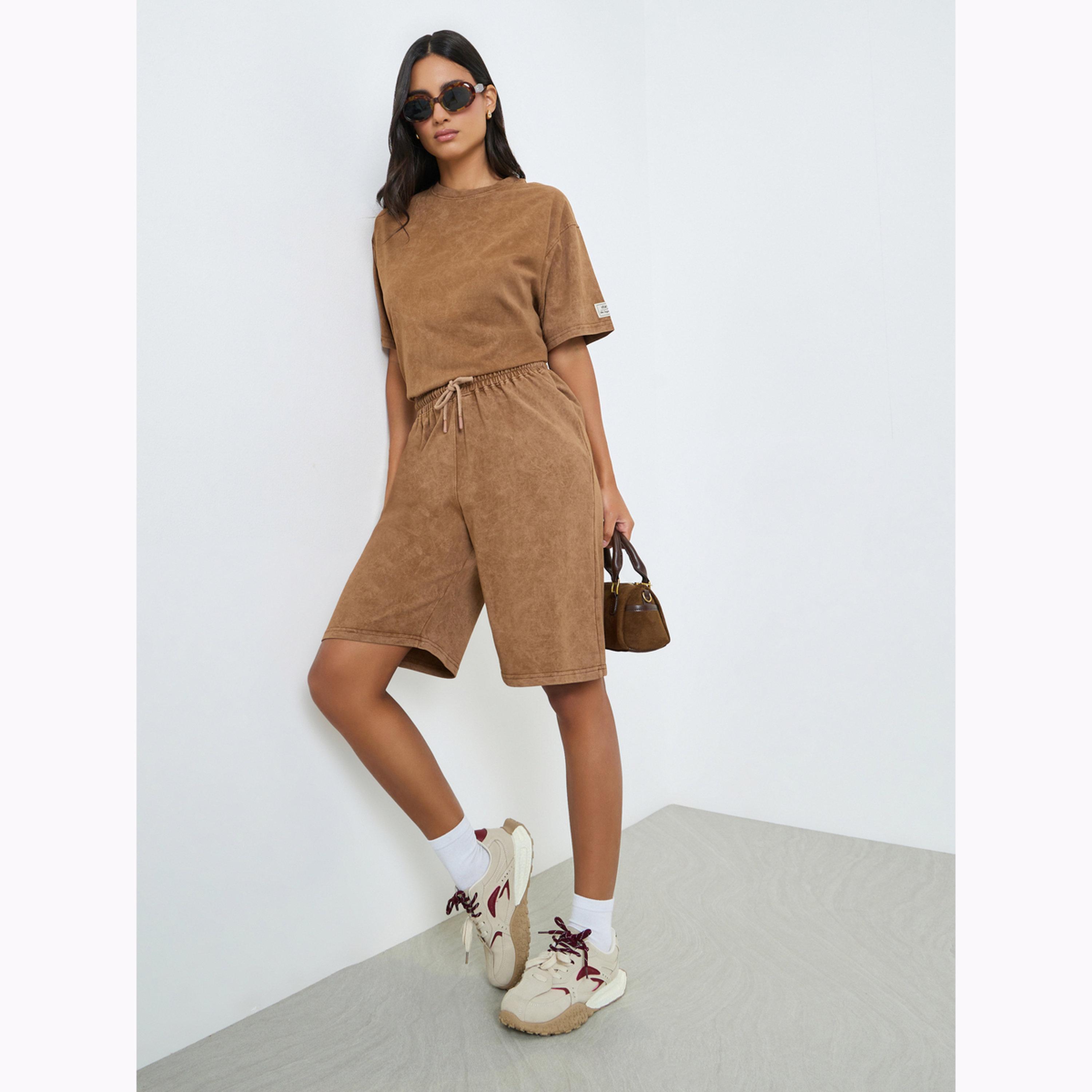 Styli Brown Terry Washed Shorts with Drawstring-women-clothing-bottoms-shorts-image-2