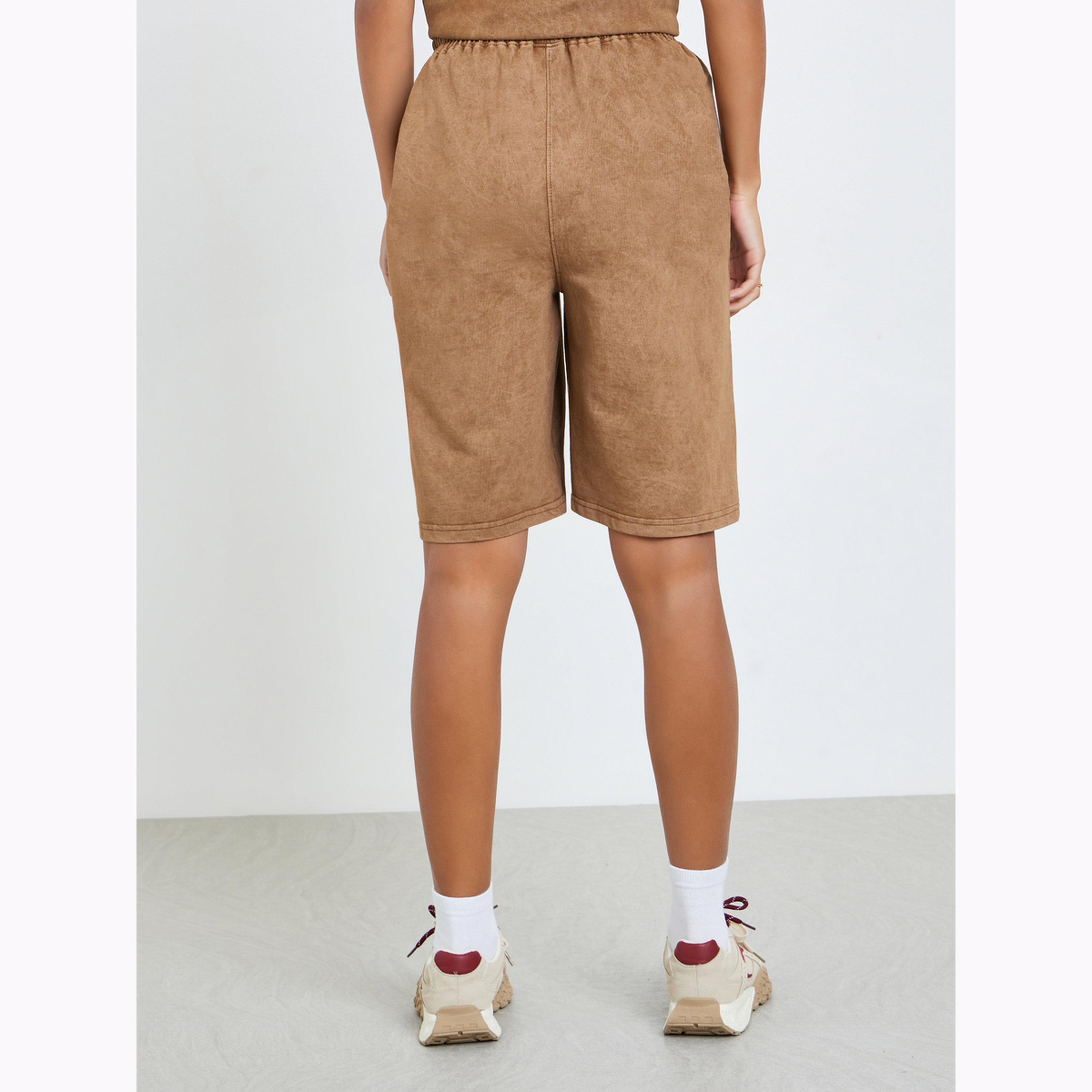 Styli Brown Terry Washed Shorts with Drawstring-women-clothing-bottoms-shorts-image-4