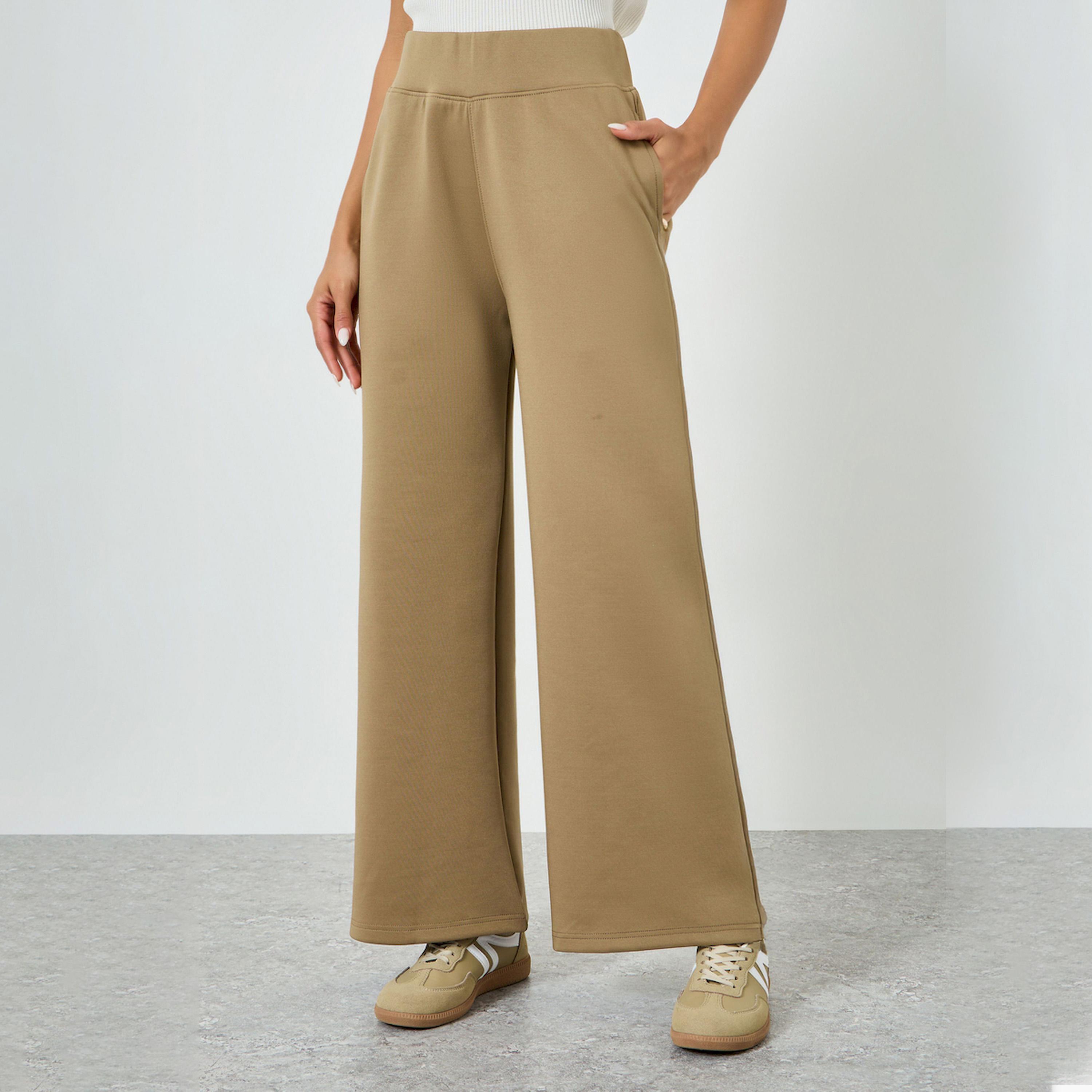 Styli Khaki Wide Leg Knit Joggers-women-clothing-bottoms-joggers-image-1