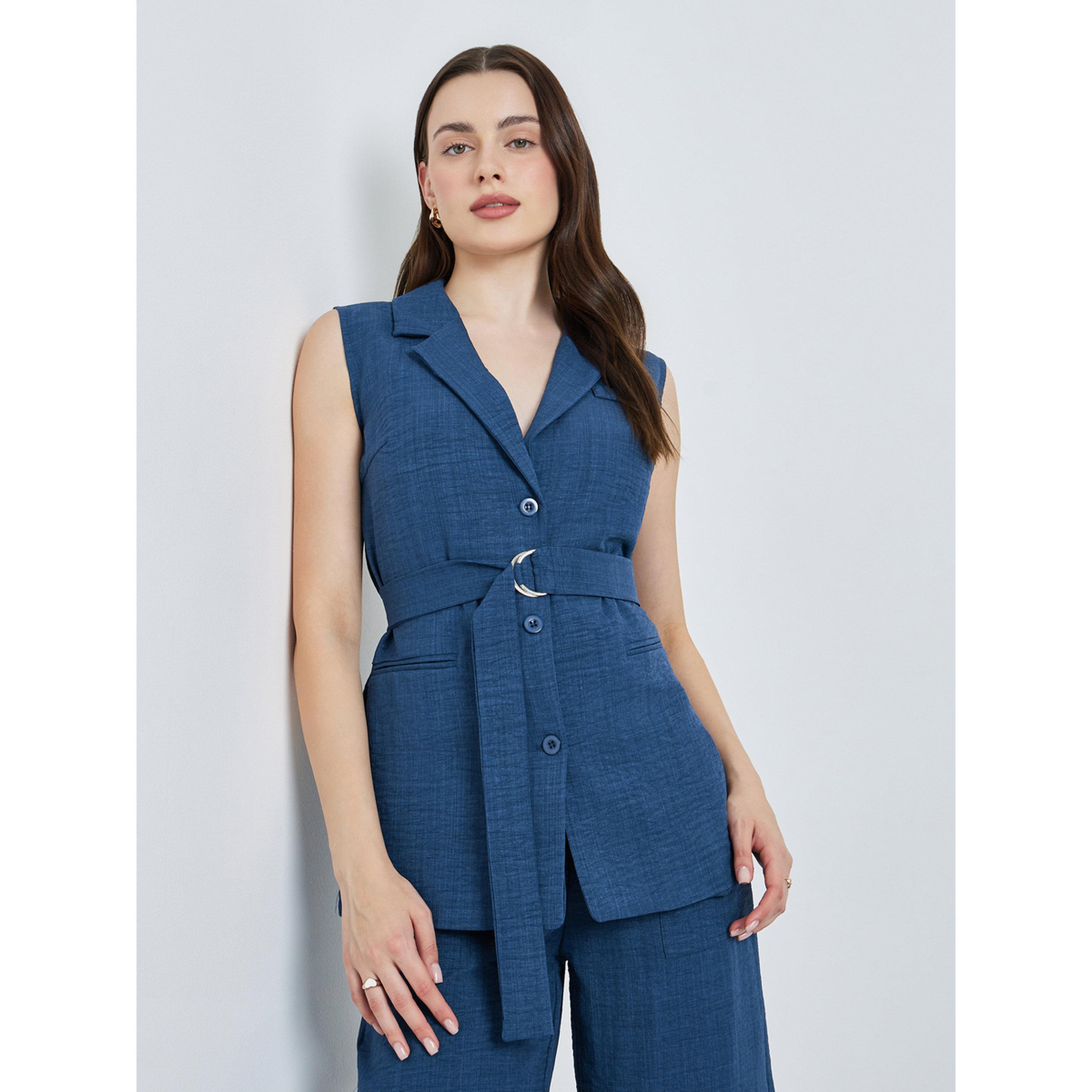 Styli Women Blue Regular Fit Sleeveless Belted Blazer-women-winterwear-coatsandjackets-waistcoats-image-1