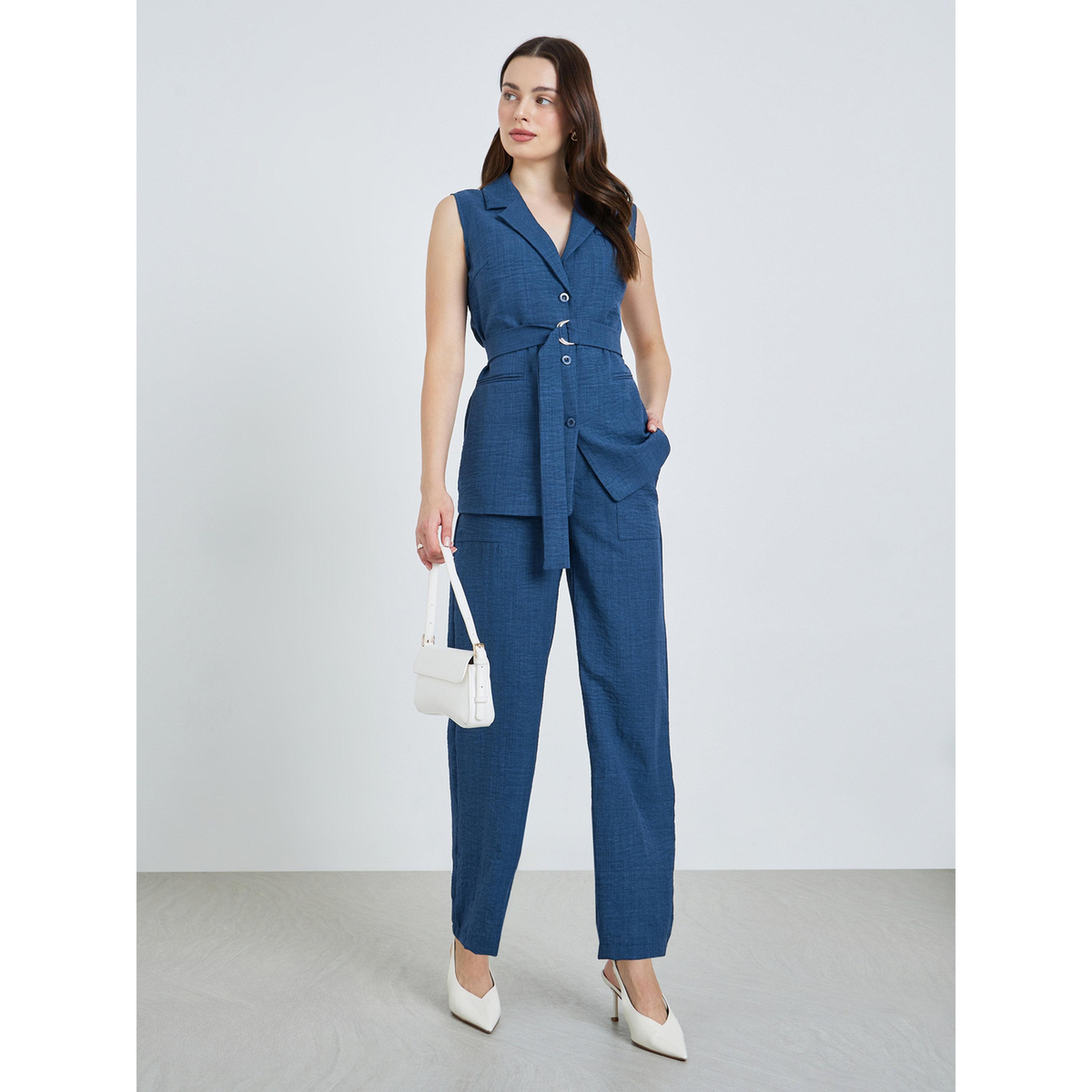 Styli Women Blue Regular Fit Sleeveless Belted Blazer-women-winterwear-coatsandjackets-waistcoats-image-2
