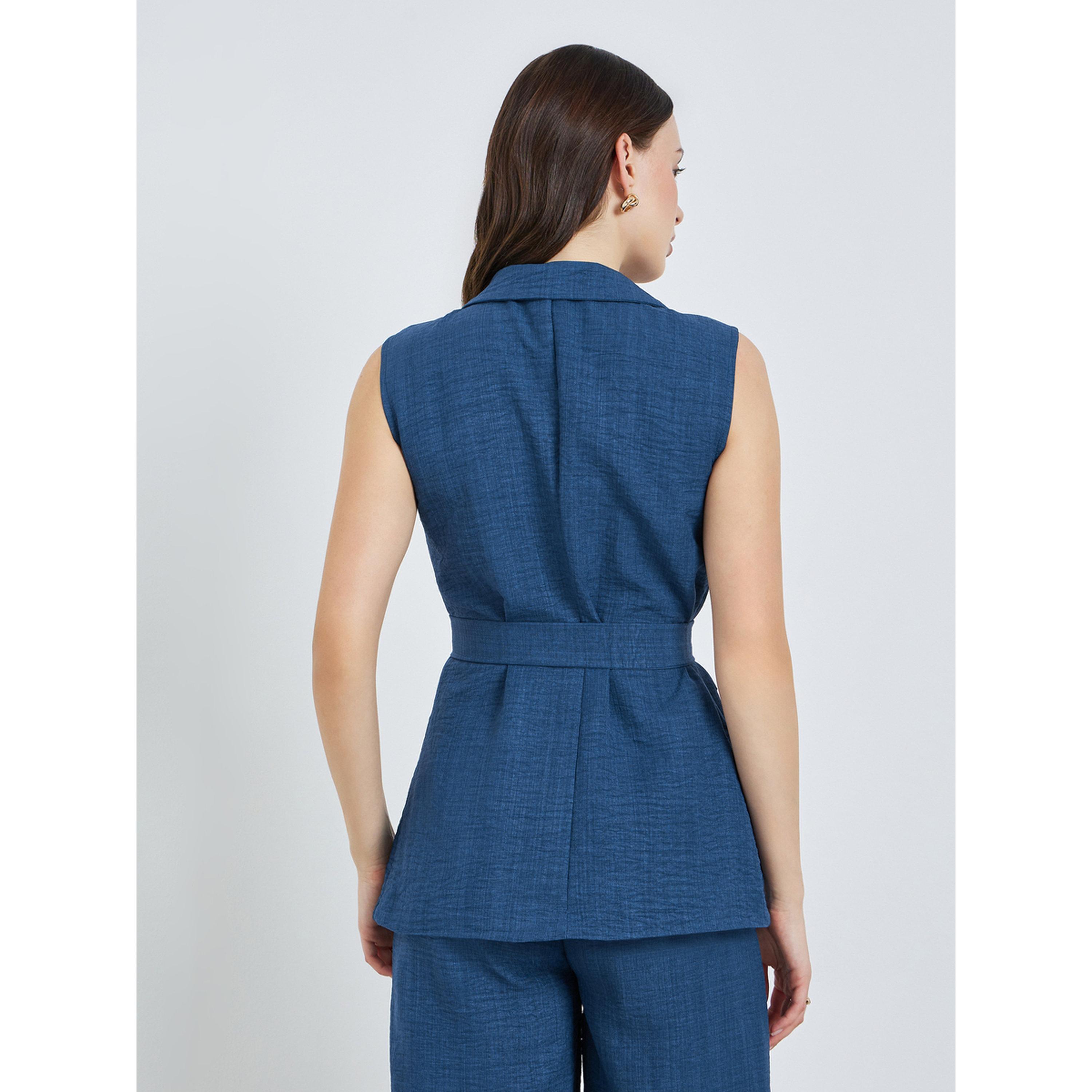 Styli Women Blue Regular Fit Sleeveless Belted Blazer-women-winterwear-coatsandjackets-waistcoats-image-4