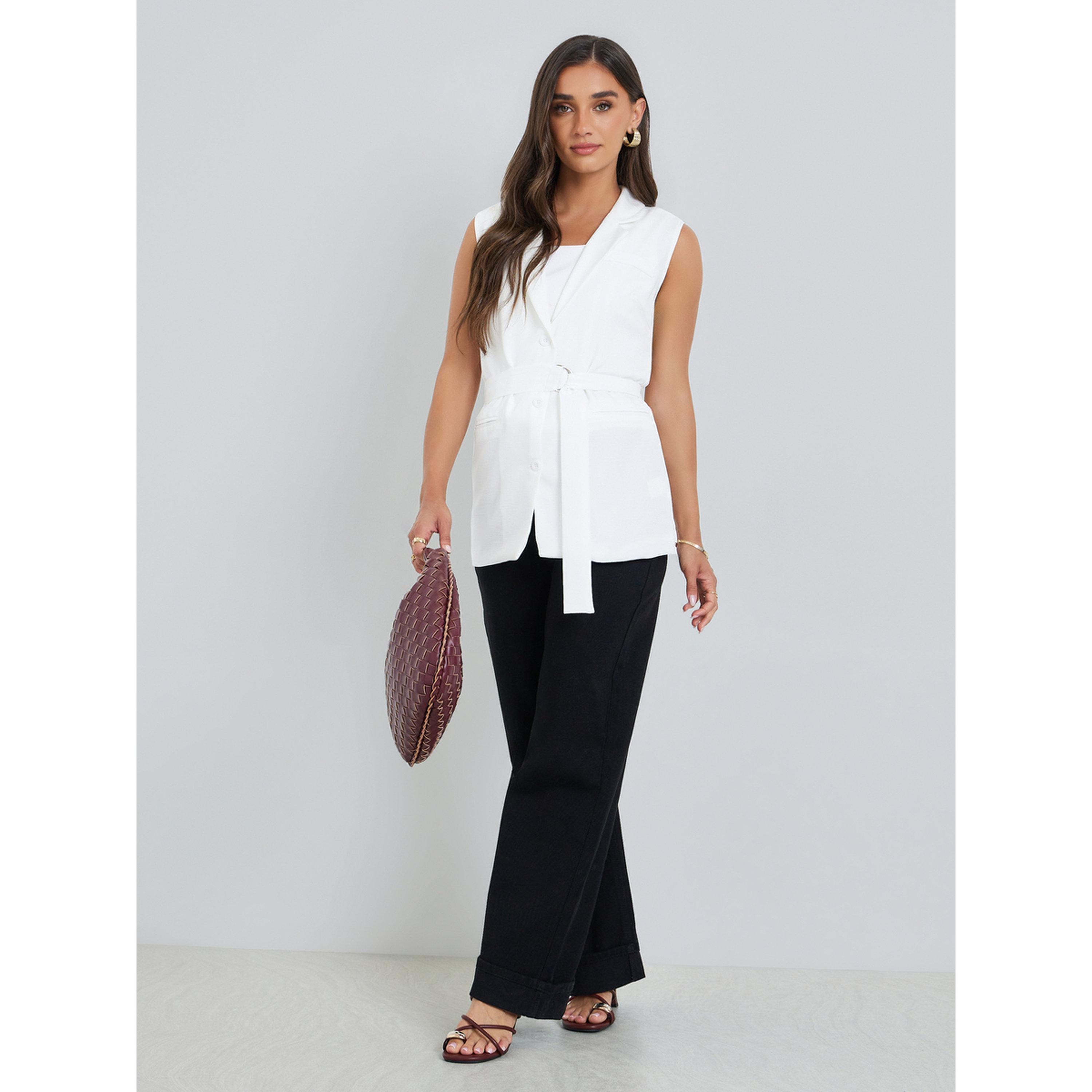 Styli Women White Belted Sleeveless Blazer-women-clothing-coatsandjackets-blazers-image-2