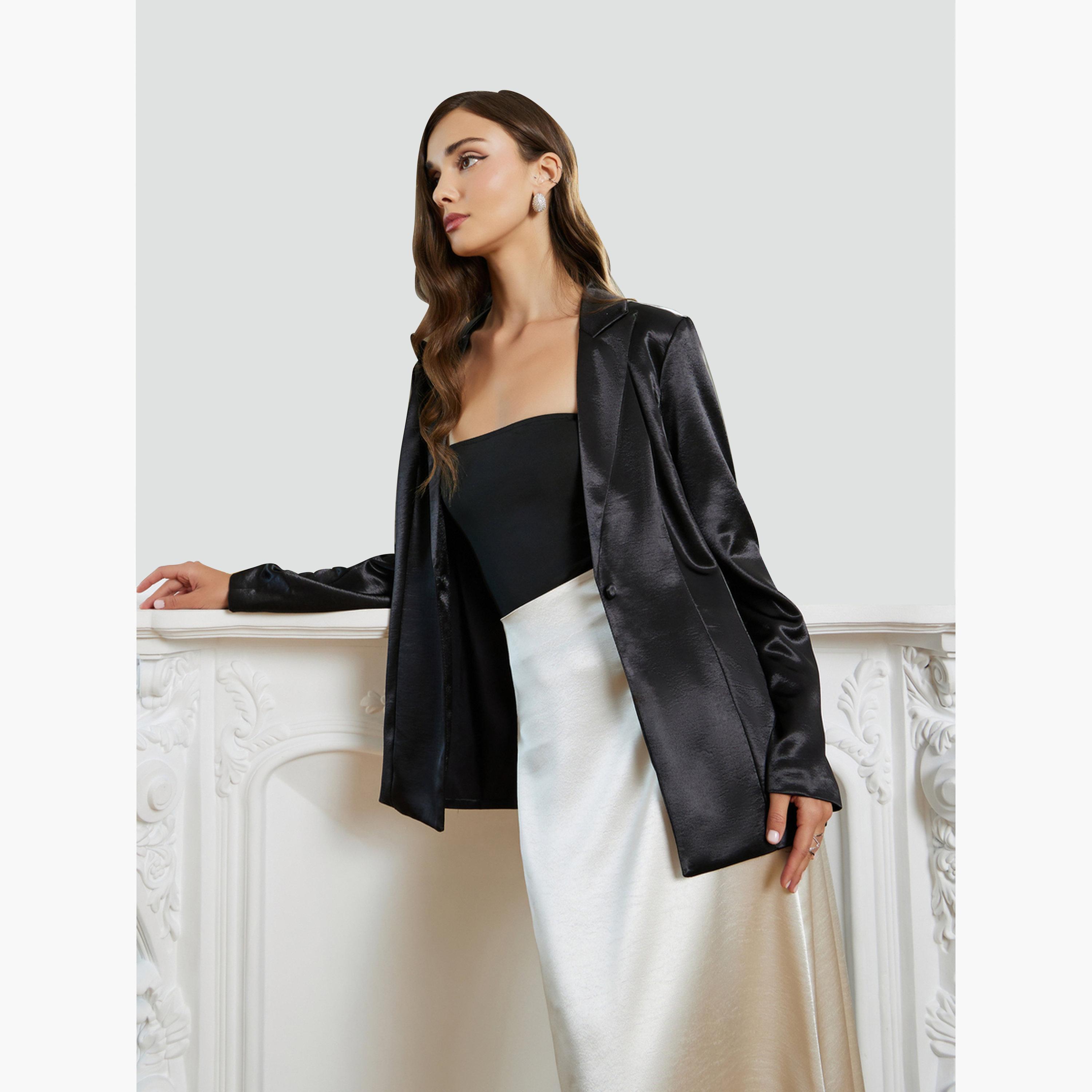 Styli Women Black Satin Blazer-women-clothing-coatsandjackets-blazers-image-1