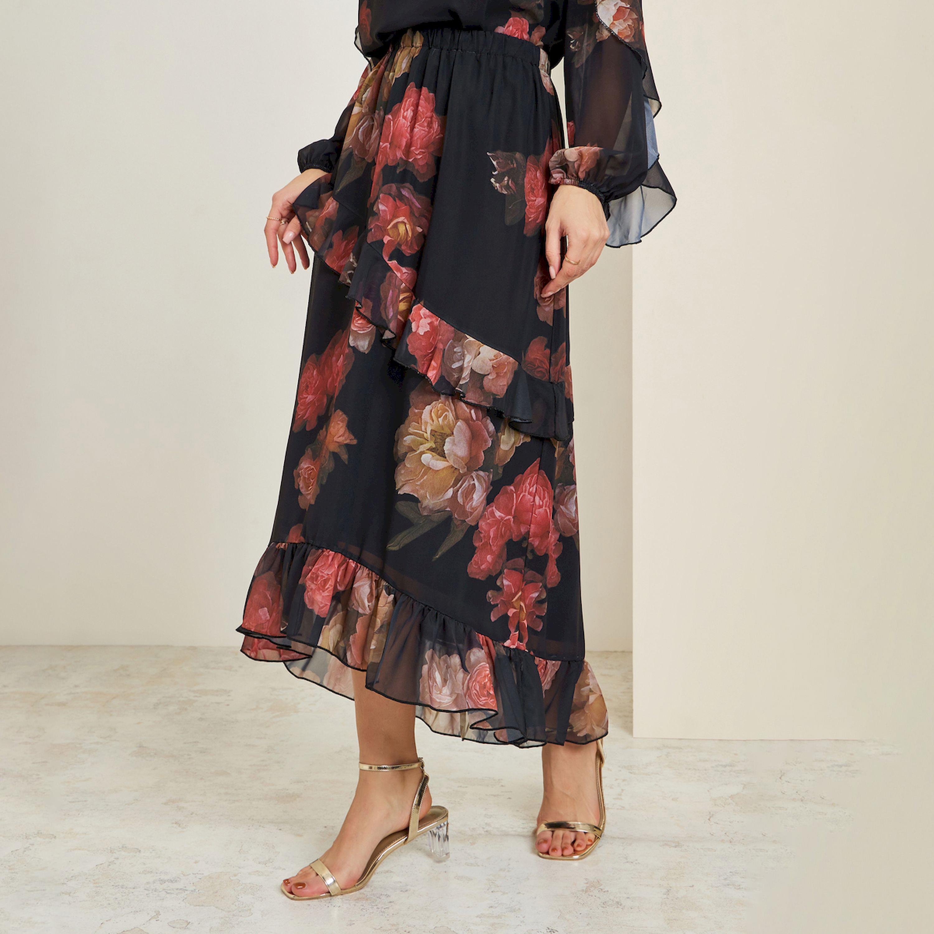 Styli Women Black Floral Tiered Maxi Skirt-women-clothing-bottoms-skirts-image-1