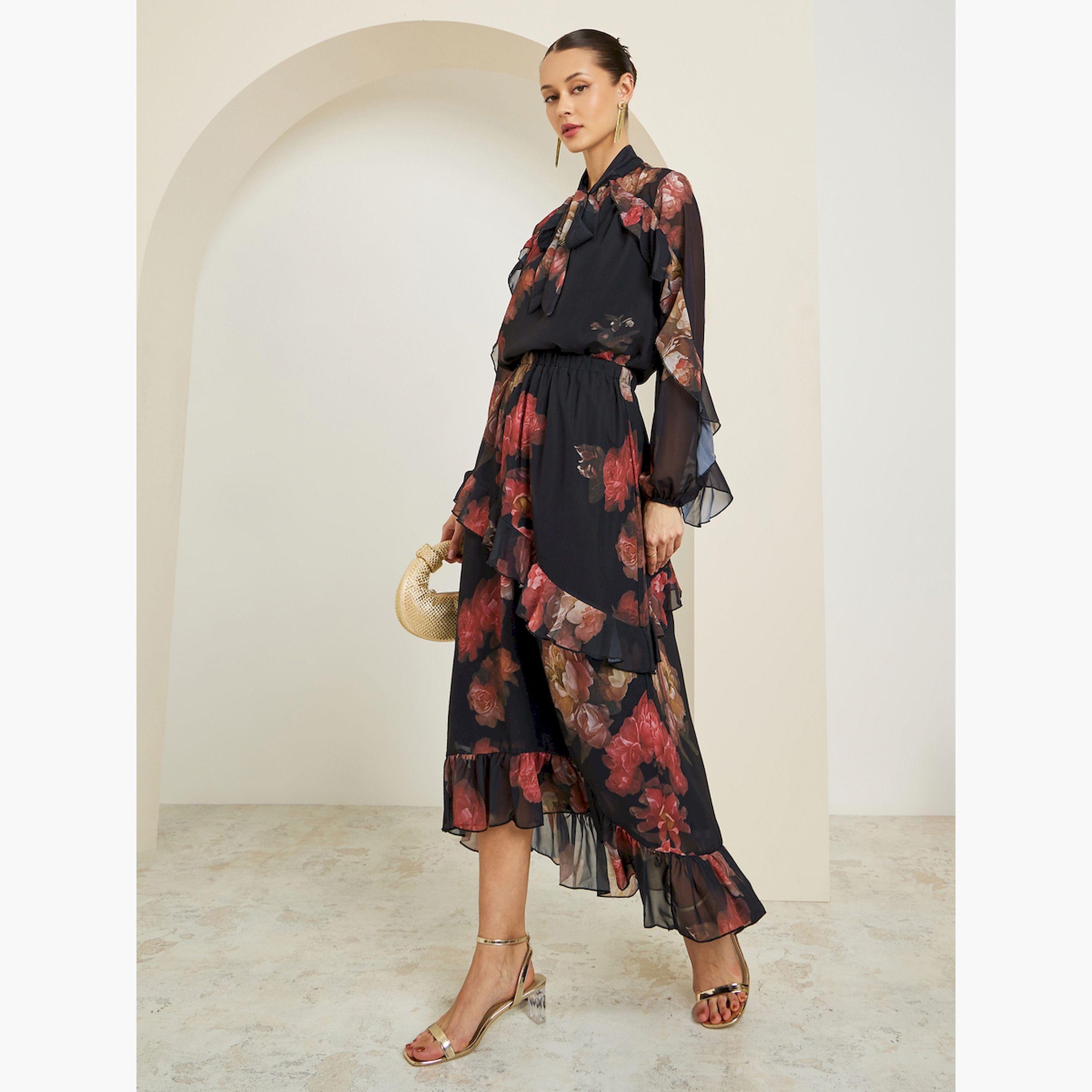 Styli Women Black Floral Tiered Maxi Skirt-women-clothing-bottoms-skirts-image-2
