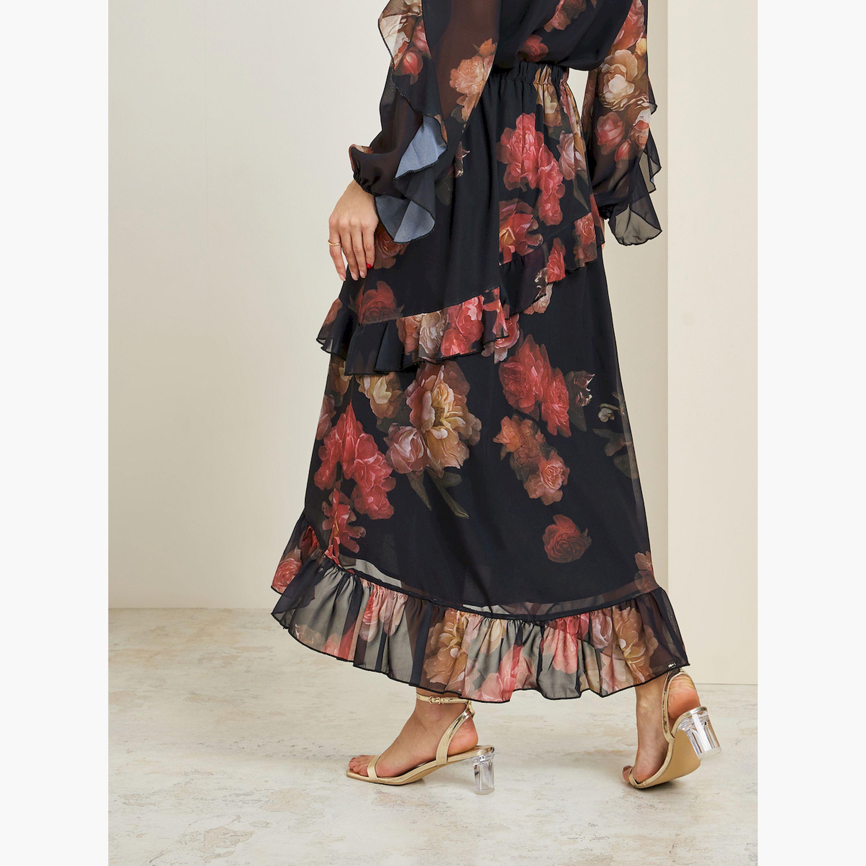 Styli Women Black Floral Tiered Maxi Skirt-women-clothing-bottoms-skirts-image-4