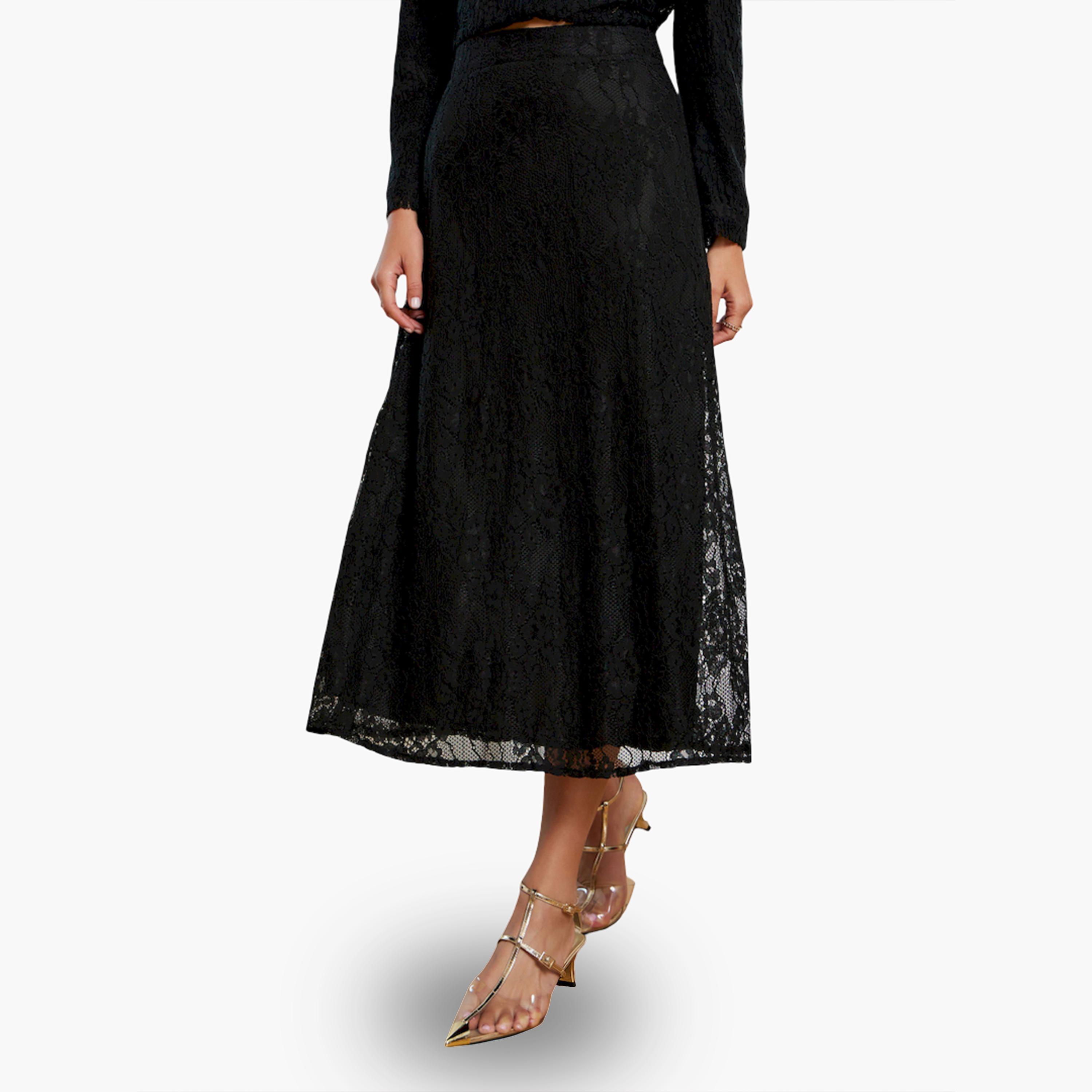 تنورة ميدي سوداء دانتيل بحافة واسعة-women-clothing-bottoms-skirts-image-1
