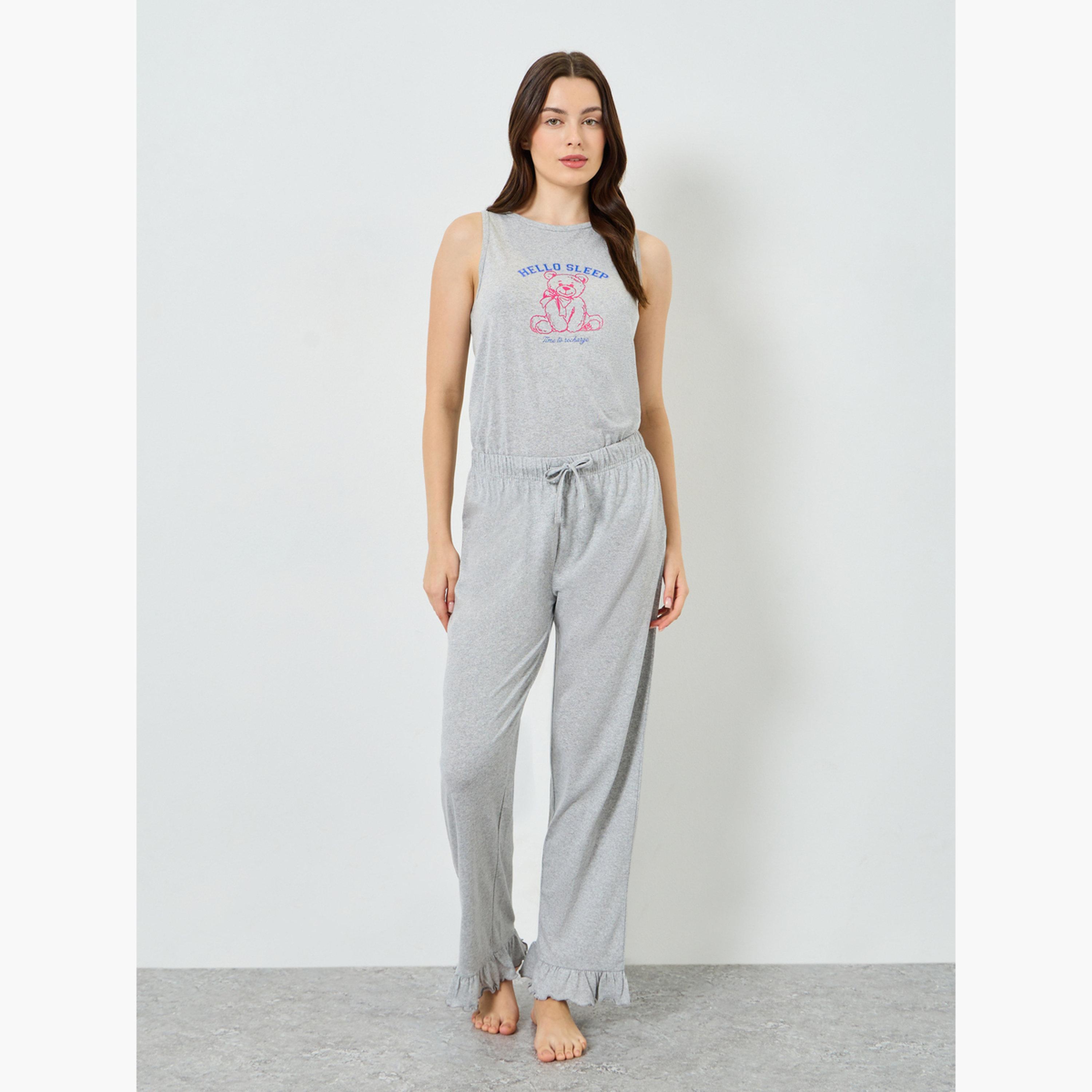 Styli Women Teddy Print Vest and Ruffle Hem Pyjama Set-women-clothing-nightwear-pyjamas-longsets-image-1