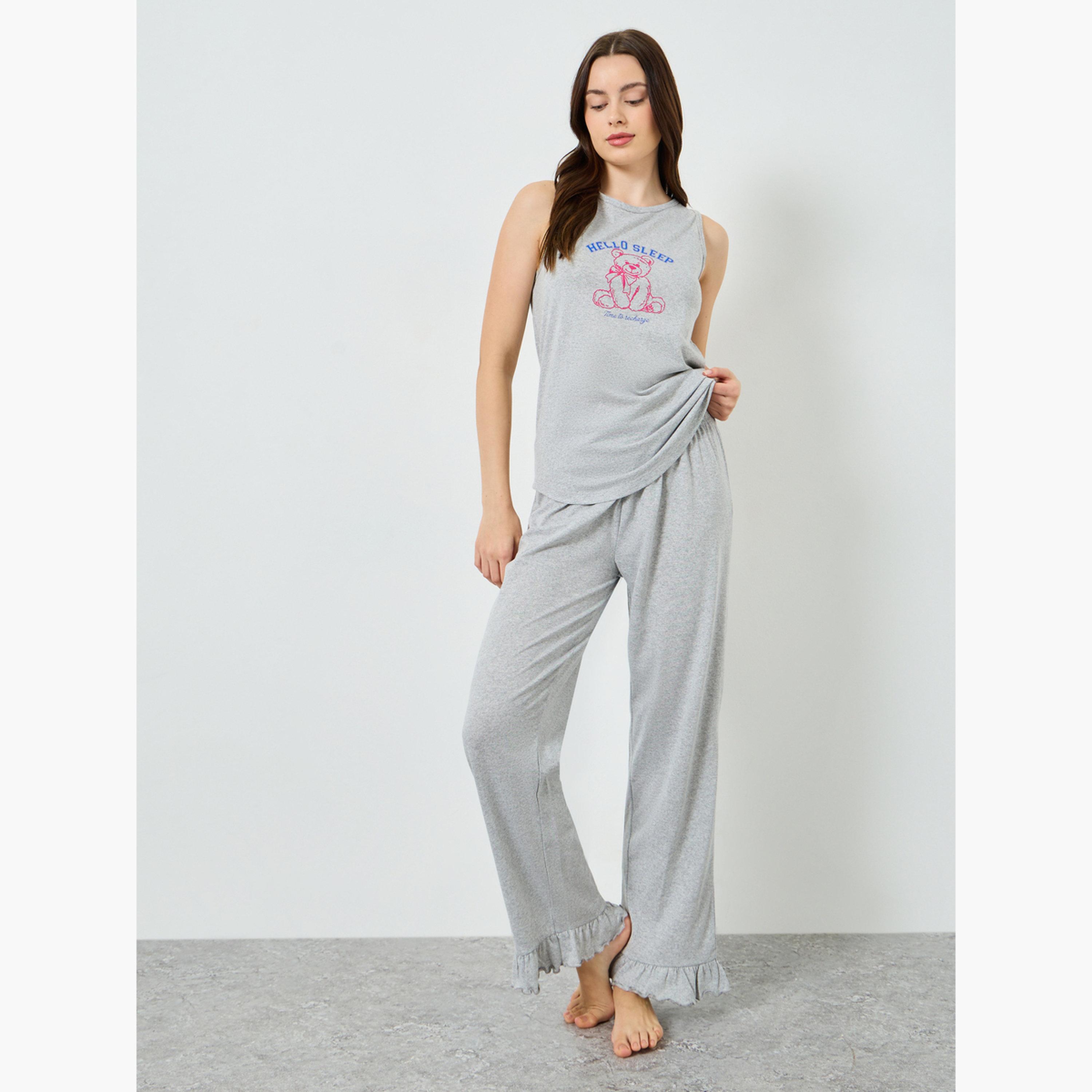 Styli Women Teddy Print Vest and Ruffle Hem Pyjama Set-women-clothing-nightwear-pyjamas-longsets-image-2