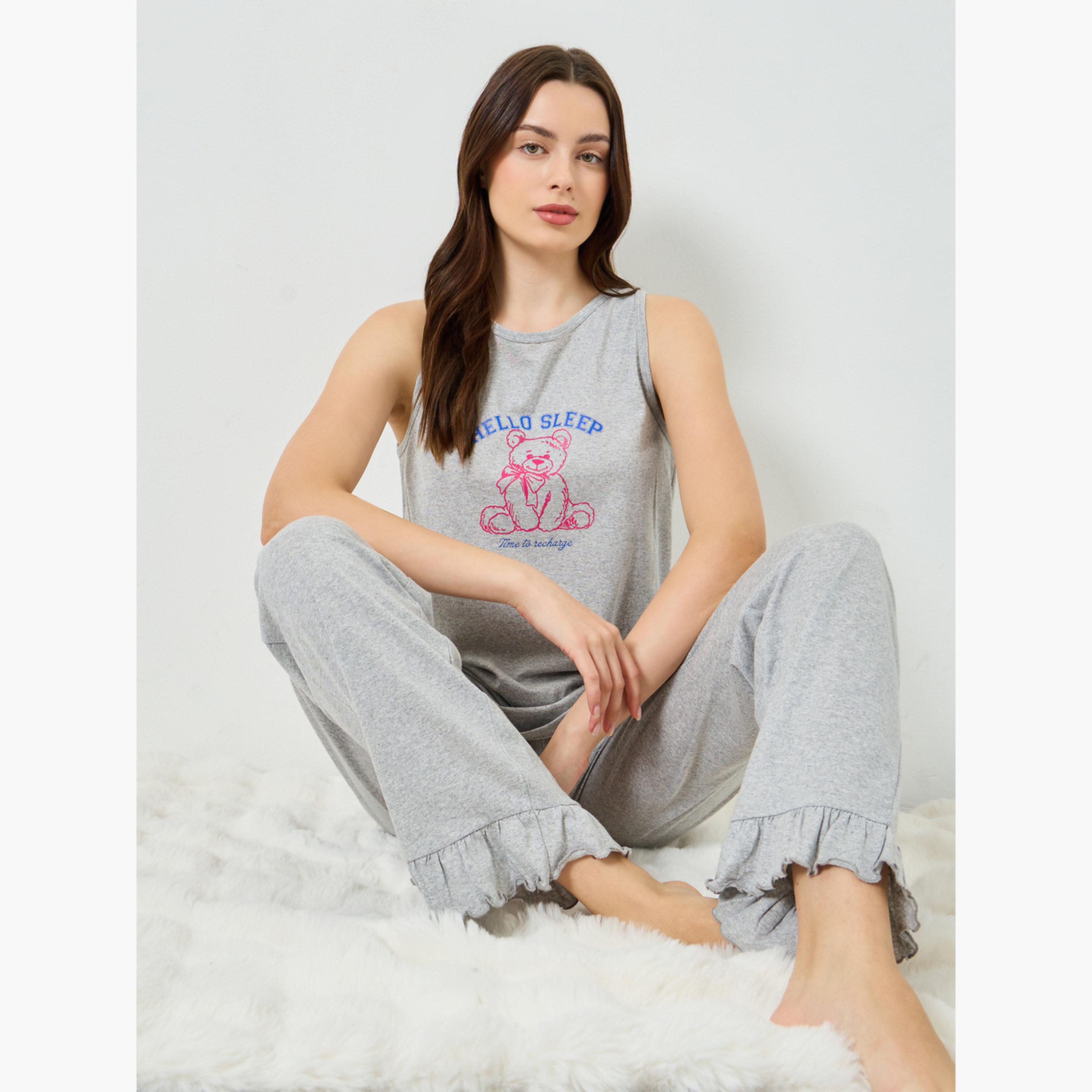 Styli Women Teddy Print Vest and Ruffle Hem Pyjama Set-women-clothing-nightwear-pyjamas-longsets-image-3