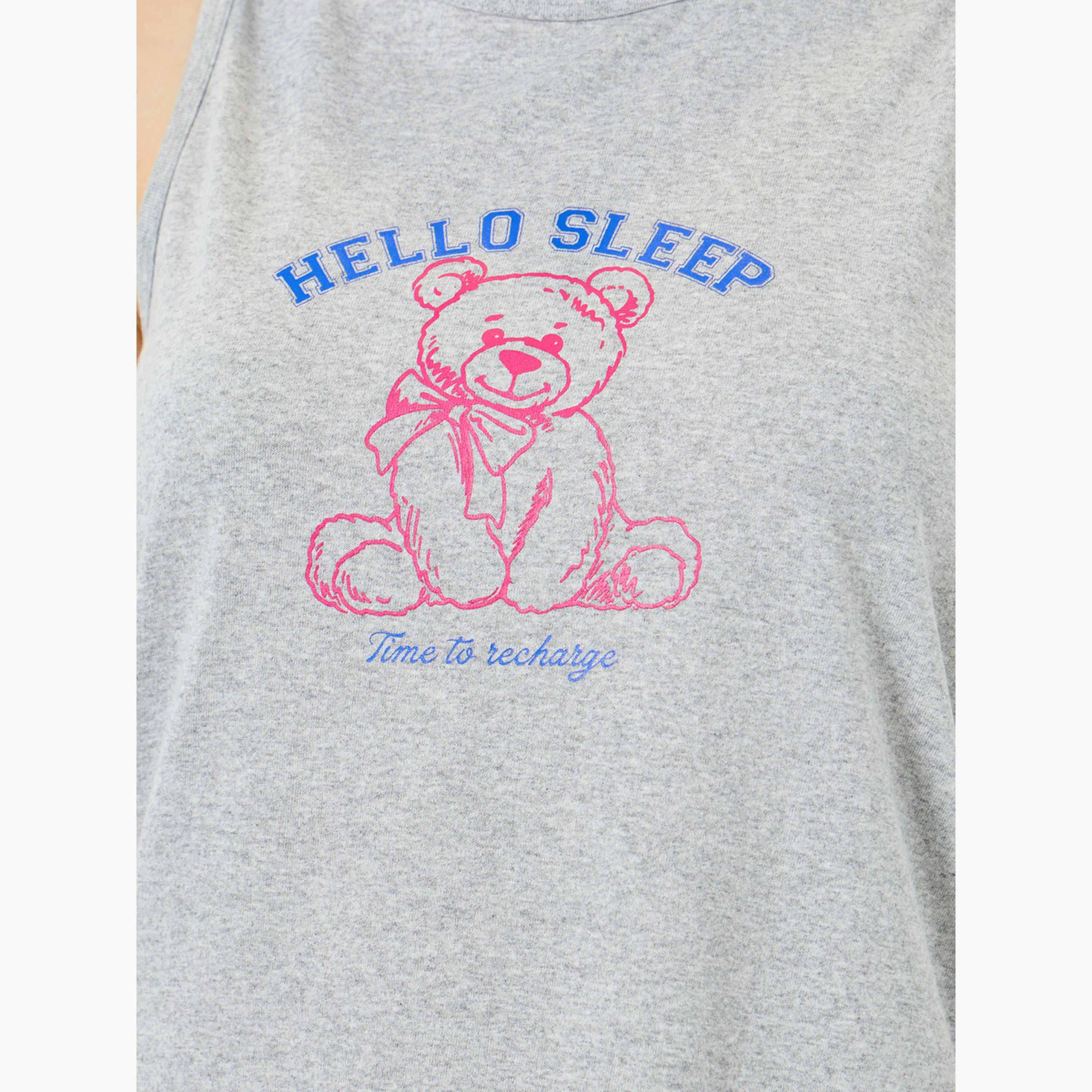 Styli Women Teddy Print Vest and Ruffle Hem Pyjama Set-women-clothing-nightwear-pyjamas-longsets-image-5