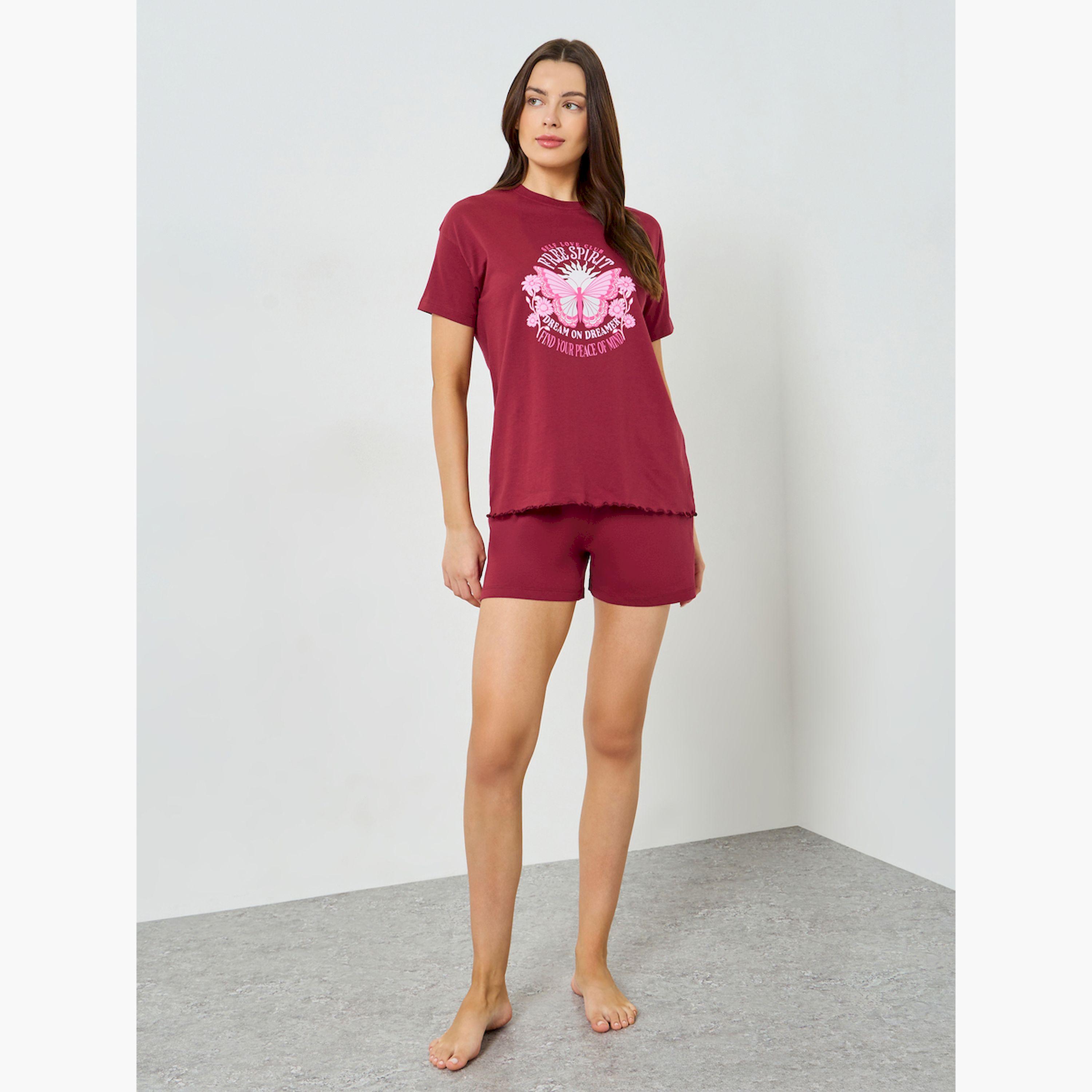 مجموعة من شورت وبلوزة بطبعة فراشة وشعار-women-clothing-nightwear-pyjamas-shortsets-image-2