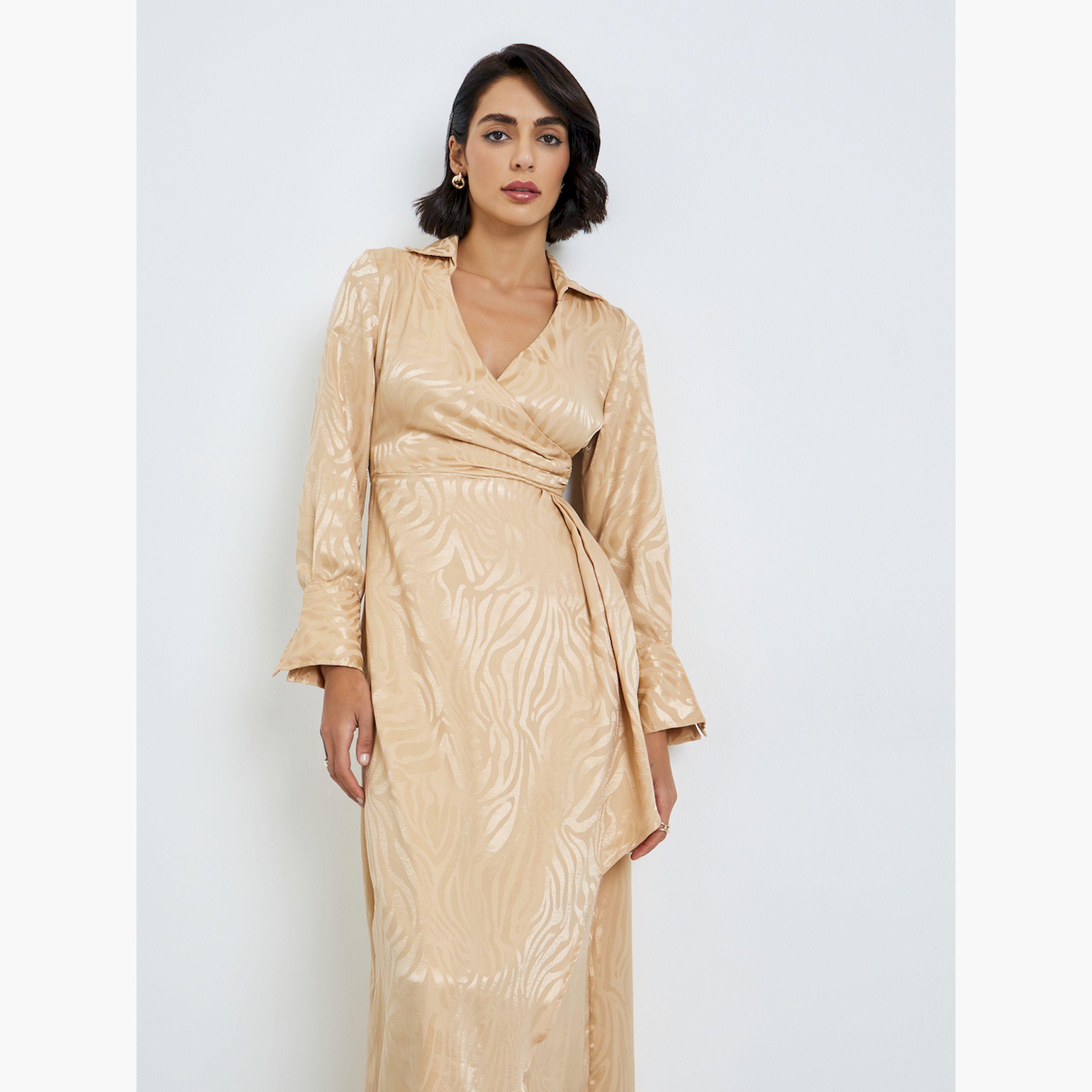 Styli Beige Jacquard Open Collar Maxi Dress-women-clothing-dresses-image-2