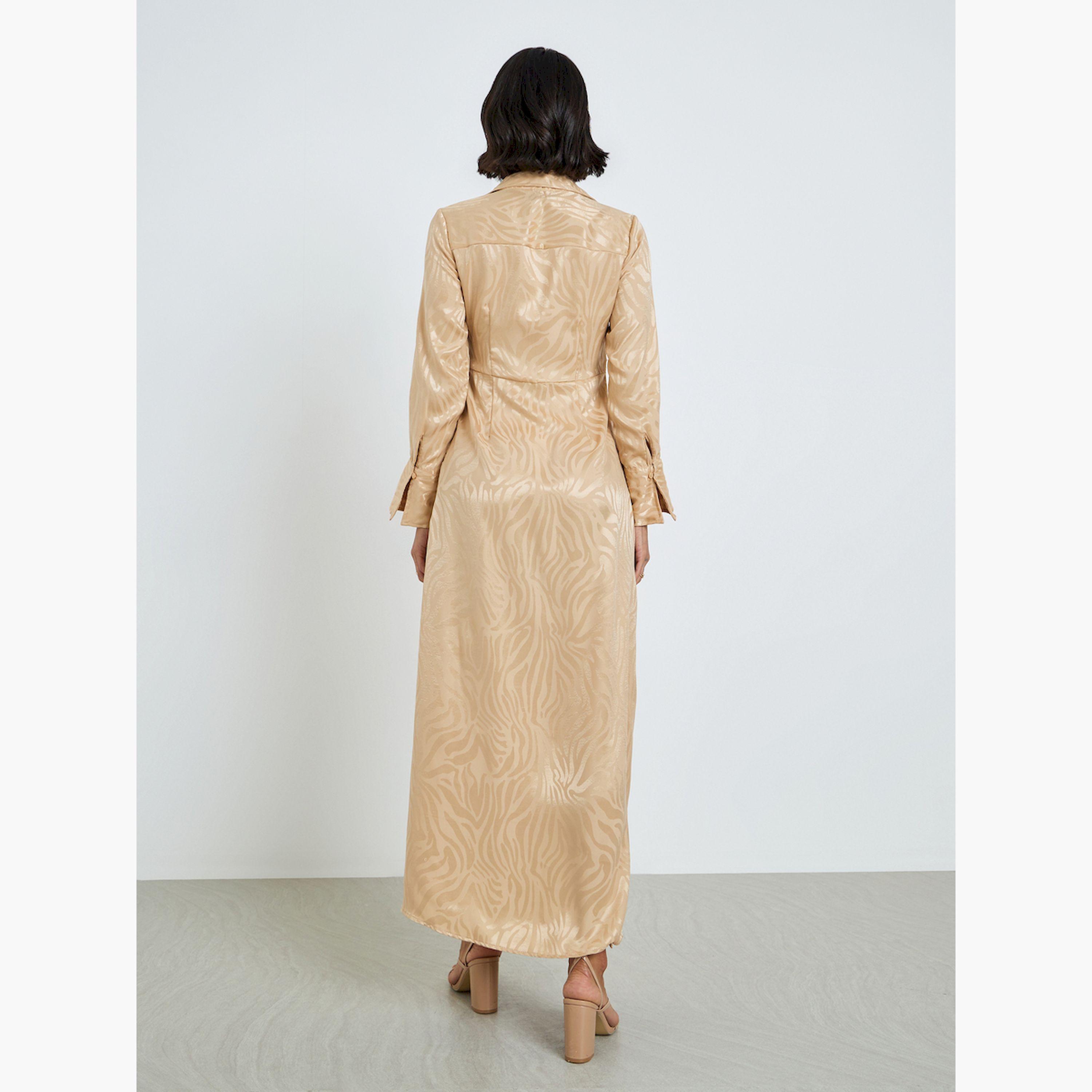 Styli Beige Jacquard Open Collar Maxi Dress-women-clothing-dresses-image-5
