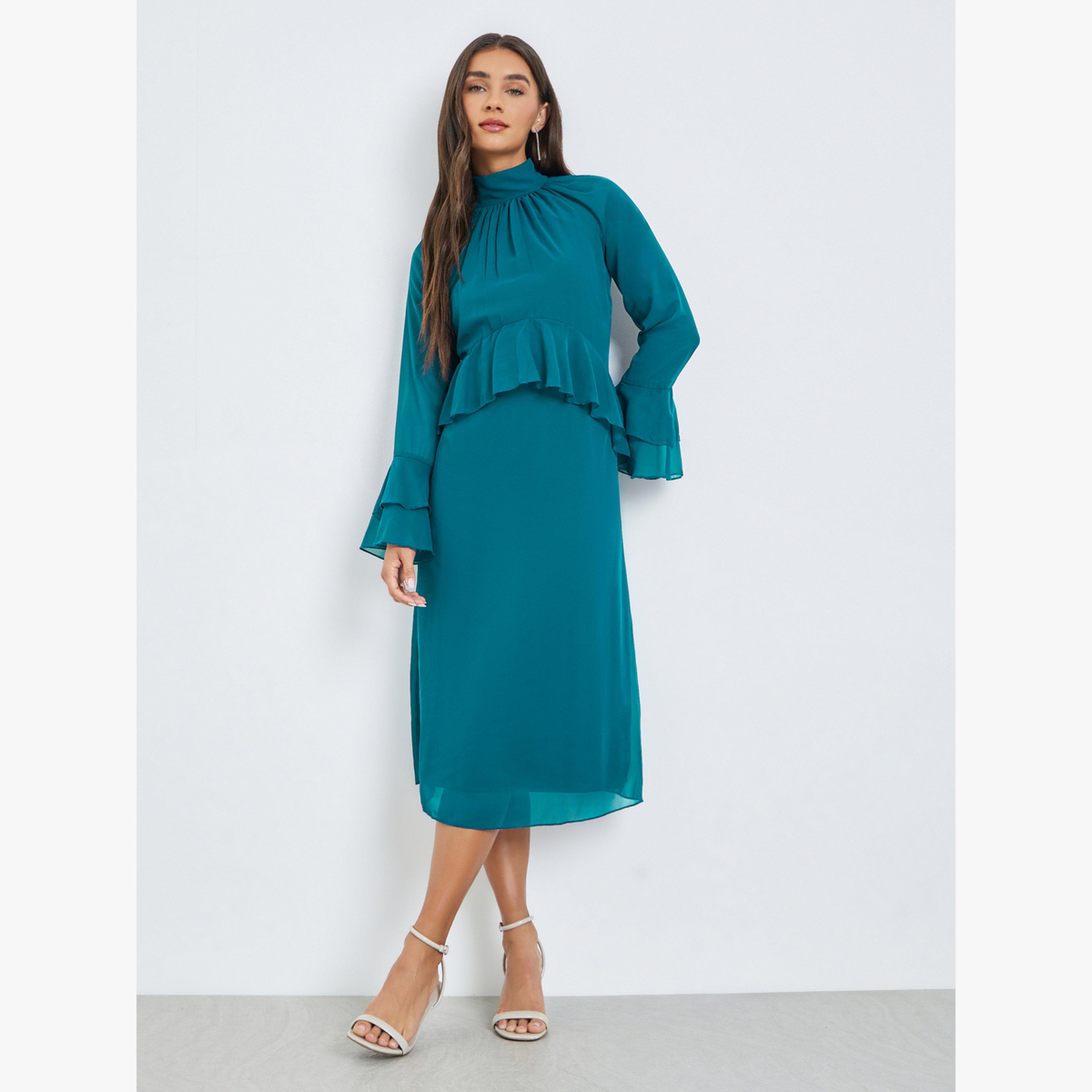 فستان ميدي بأكمام جرس وتفاصيل كشكش-women-clothing-dresses-image-1