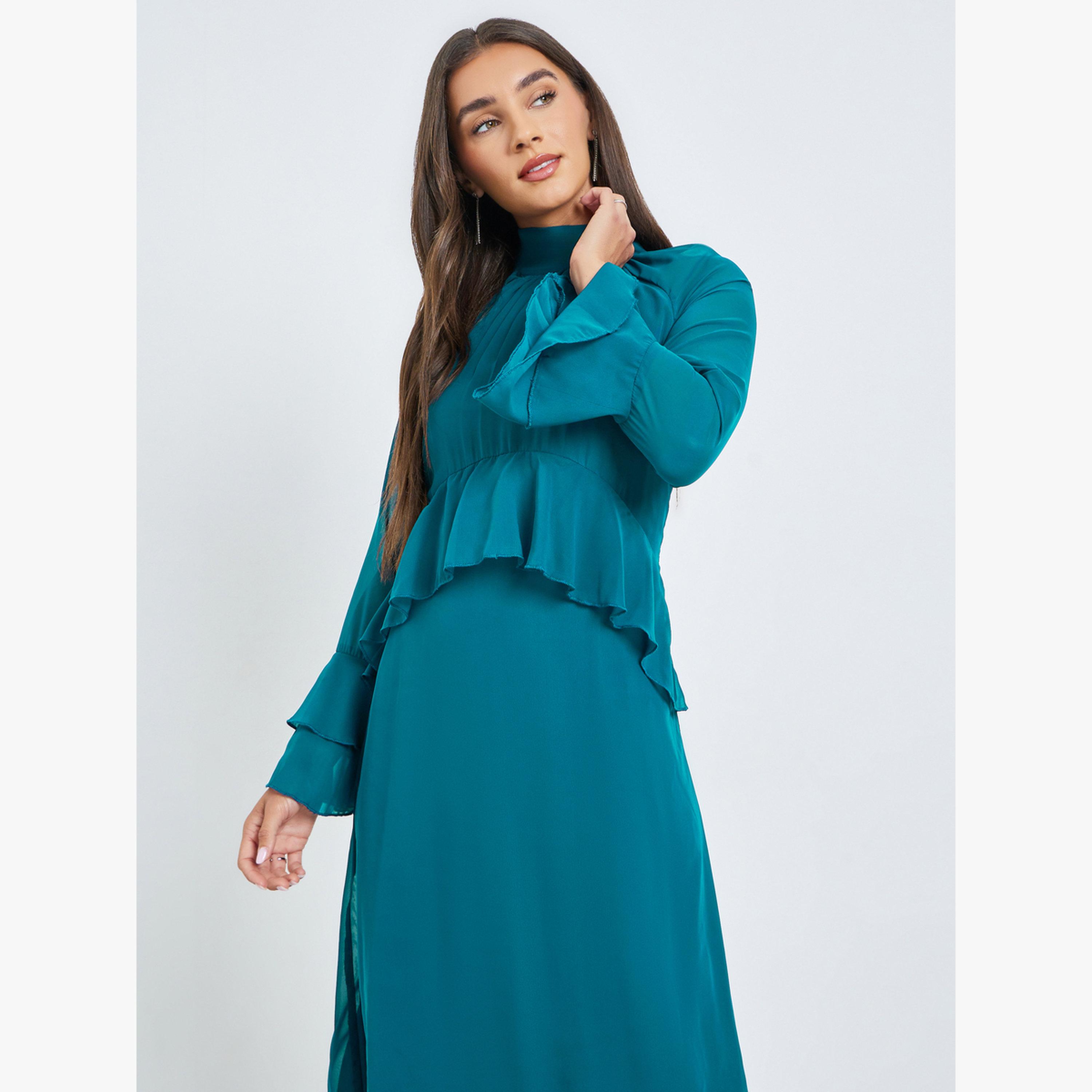 فستان ميدي بأكمام جرس وتفاصيل كشكش-women-clothing-dresses-image-2