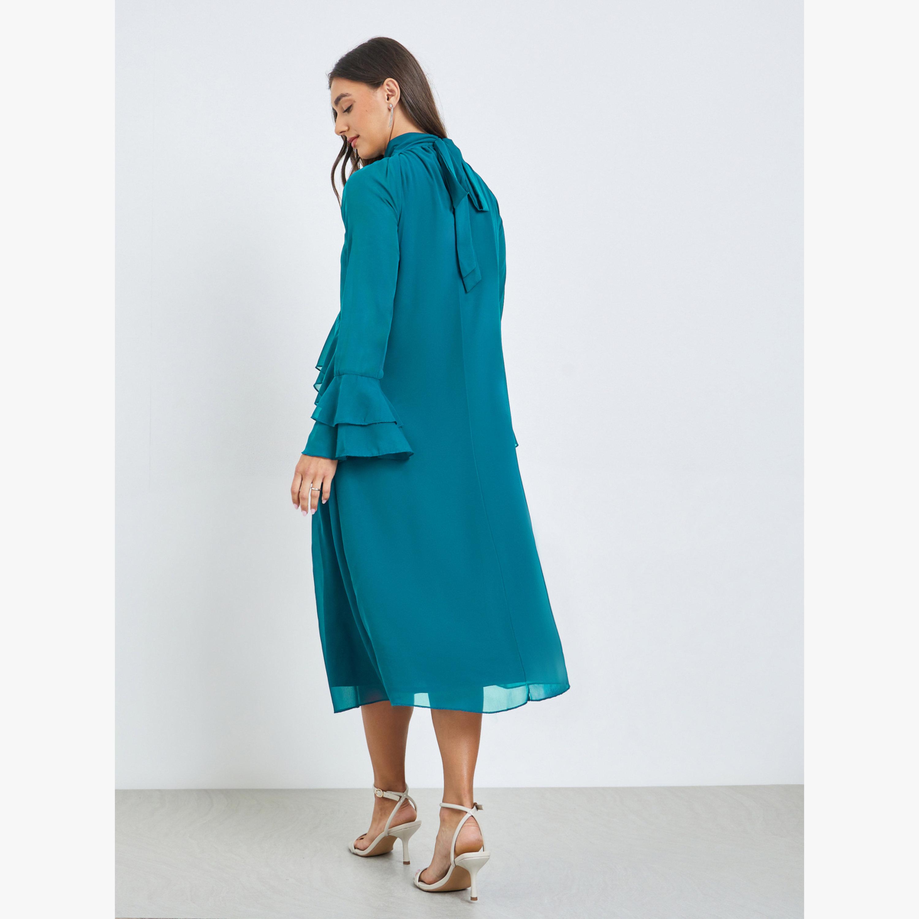 فستان ميدي بأكمام جرس وتفاصيل كشكش-women-clothing-dresses-image-3