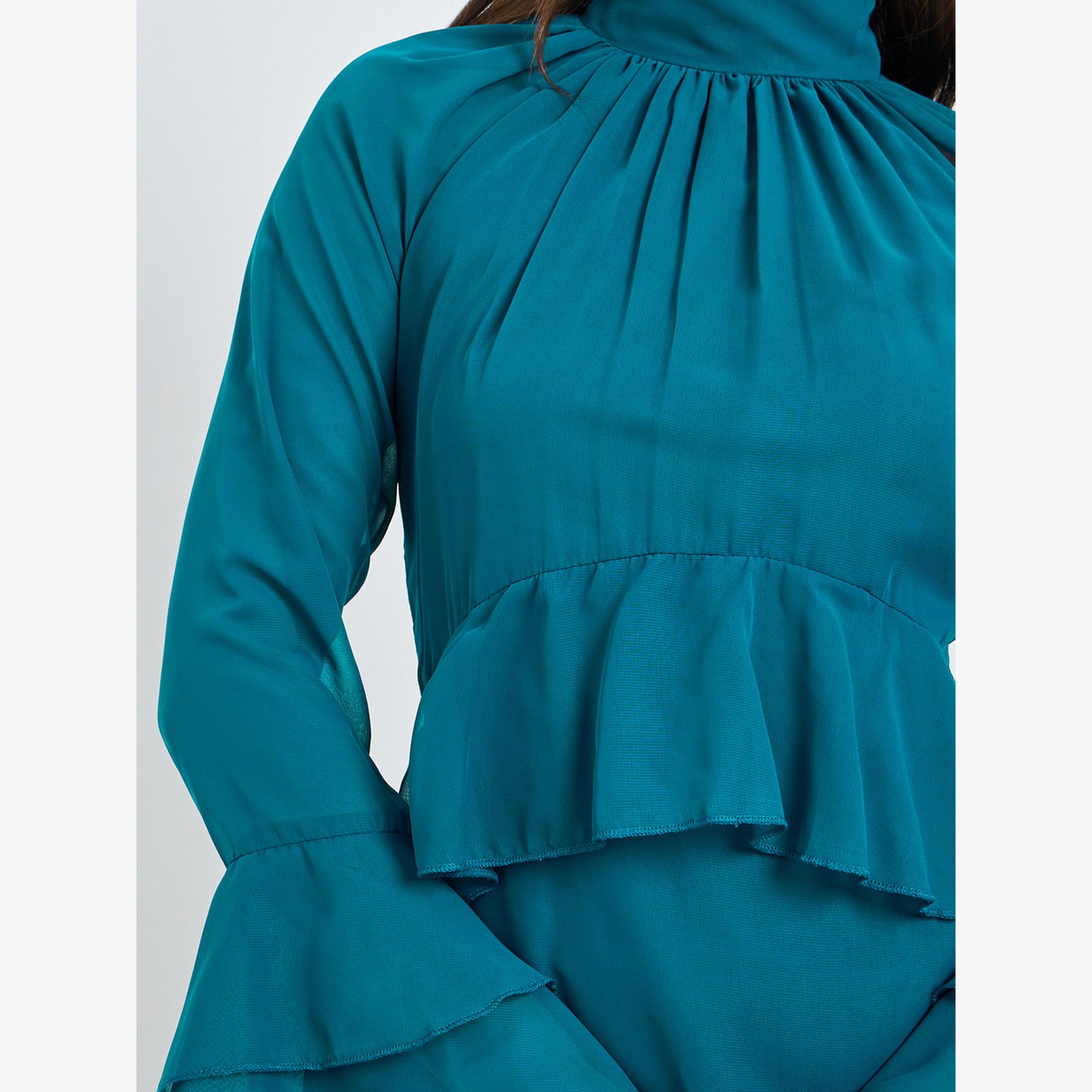 فستان ميدي بأكمام جرس وتفاصيل كشكش-women-clothing-dresses-image-4