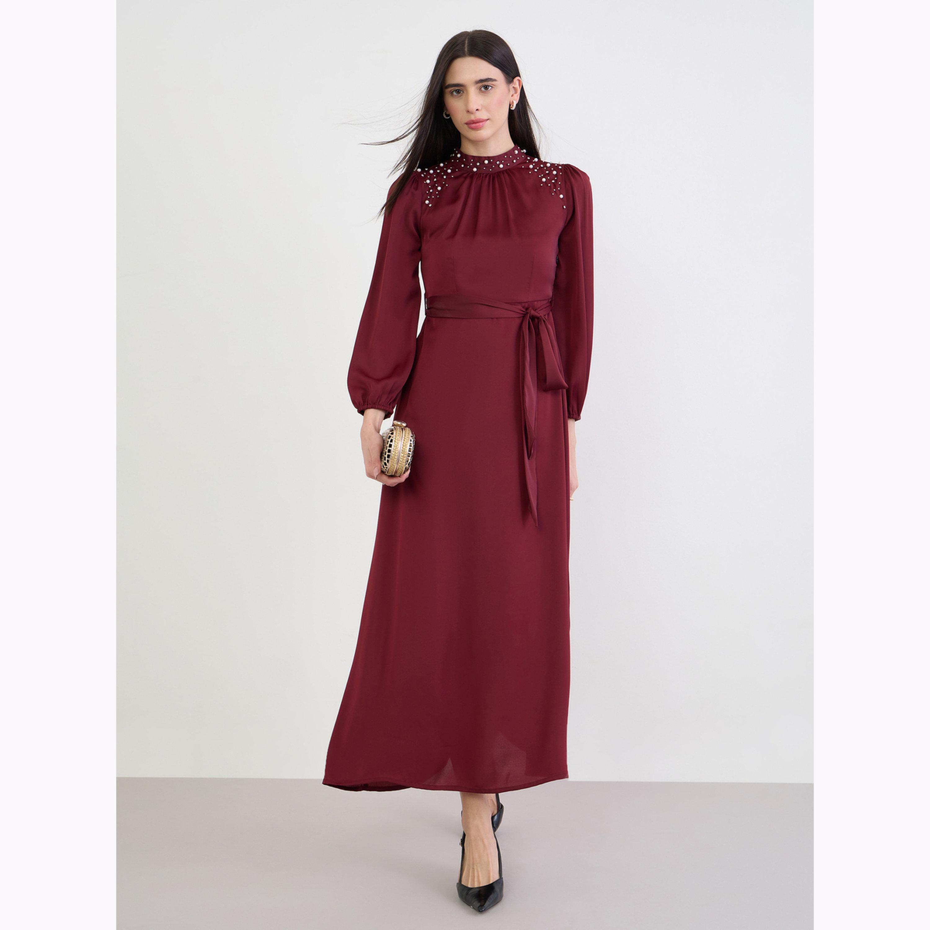 Styli Maroon Embellished Yoke Satin Maxi Dress-women-clothing-dresses-image-1