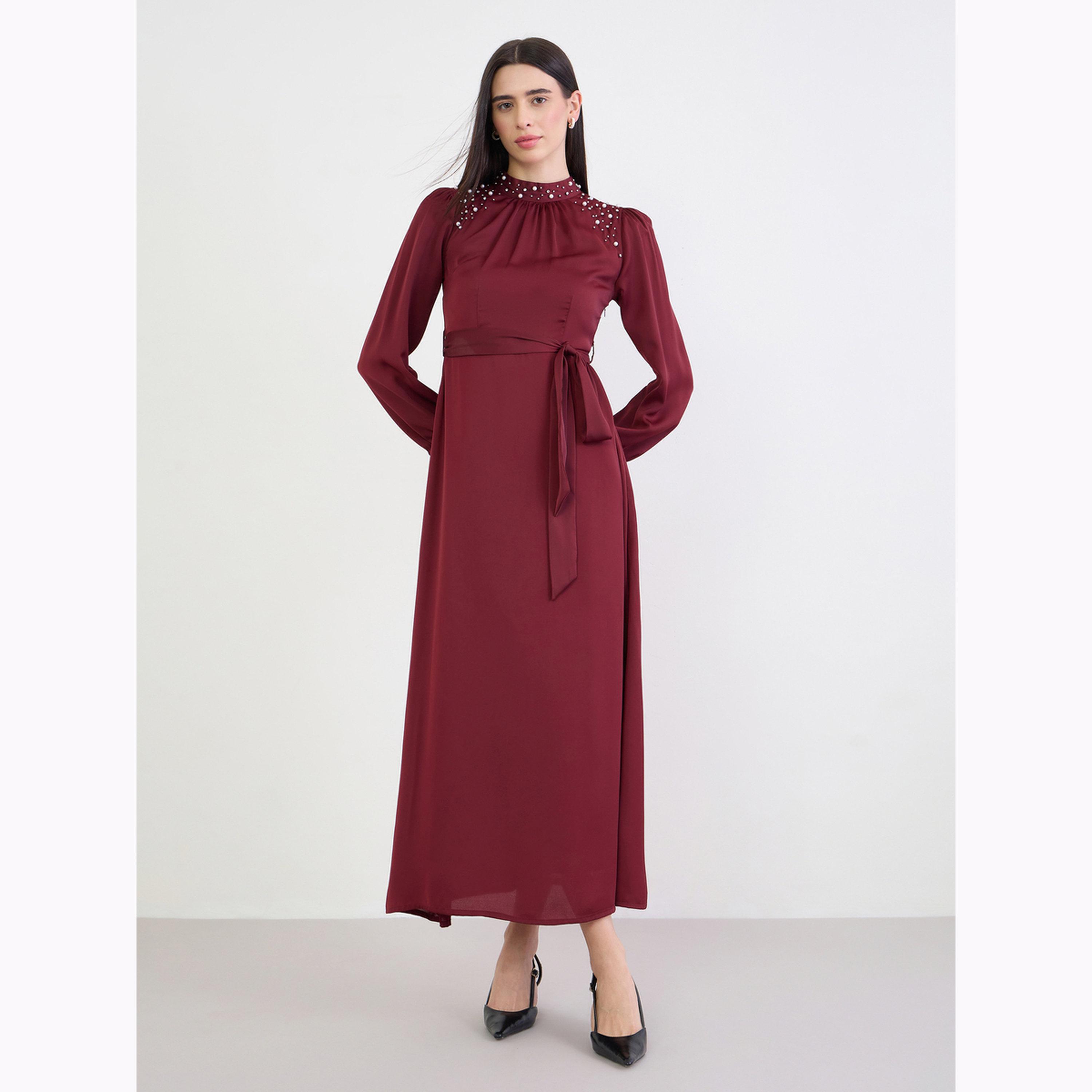 Styli Maroon Embellished Yoke Satin Maxi Dress-women-clothing-dresses-image-3
