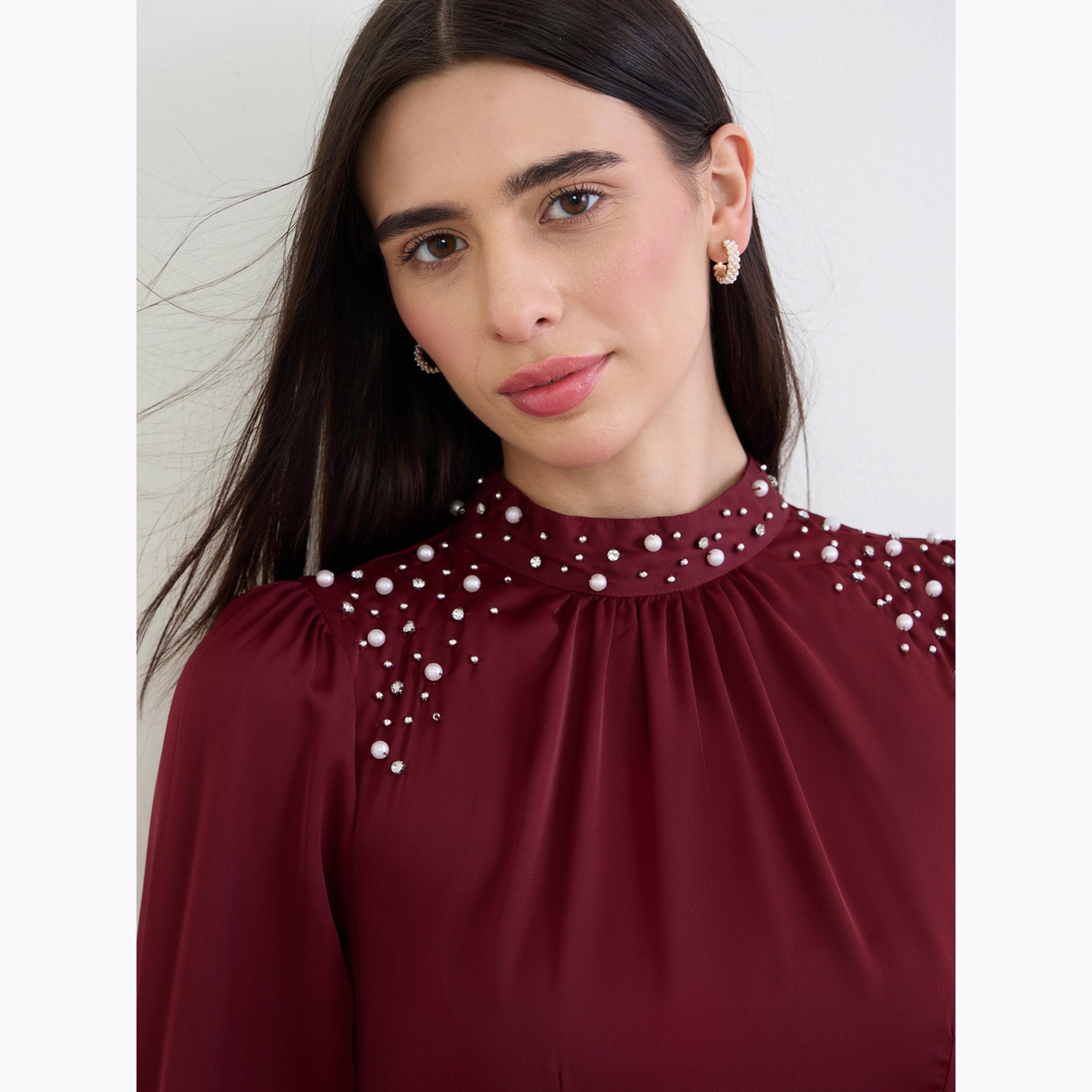 Styli Maroon Embellished Yoke Satin Maxi Dress-women-clothing-dresses-image-4