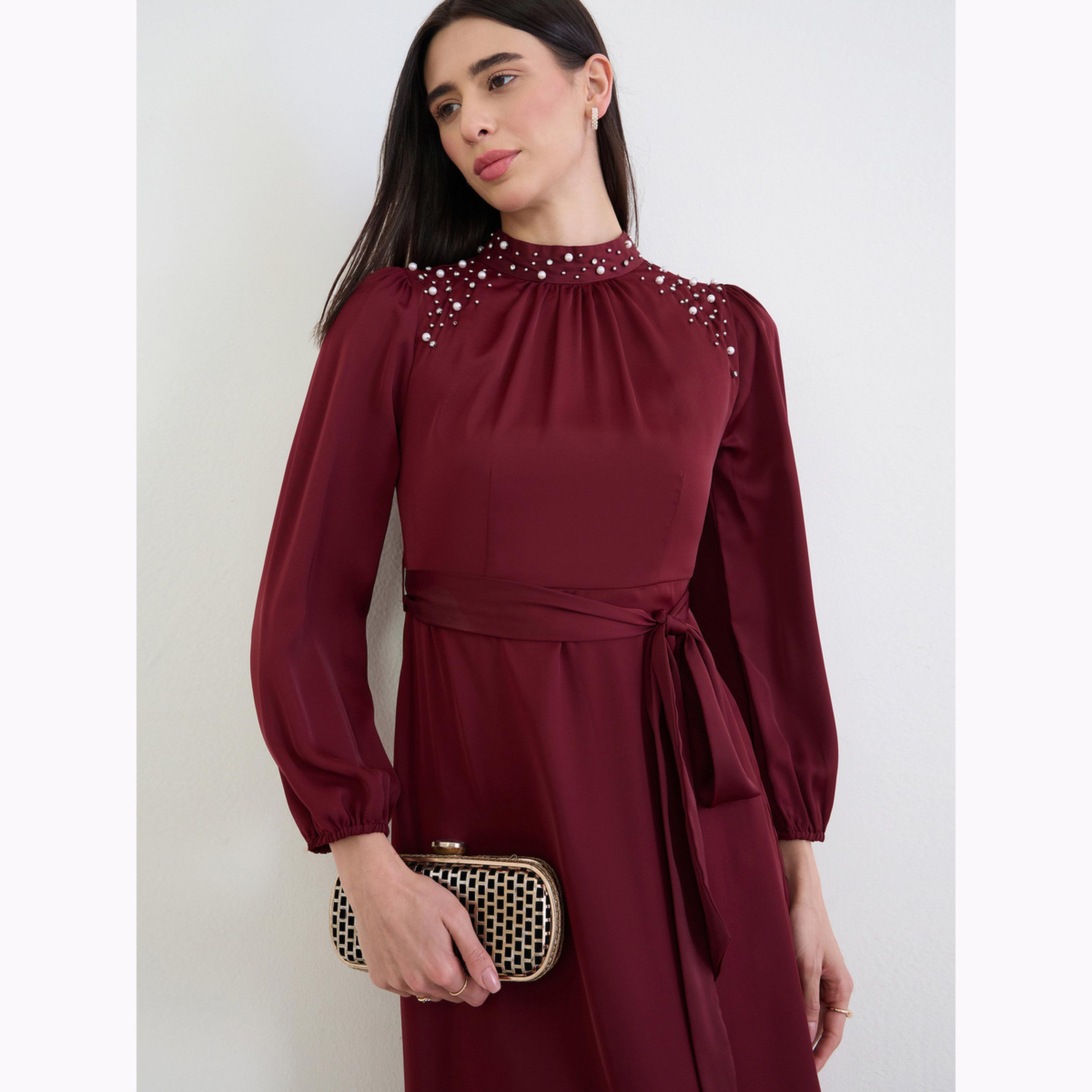 Styli Maroon Embellished Yoke Satin Maxi Dress-women-clothing-dresses-image-5