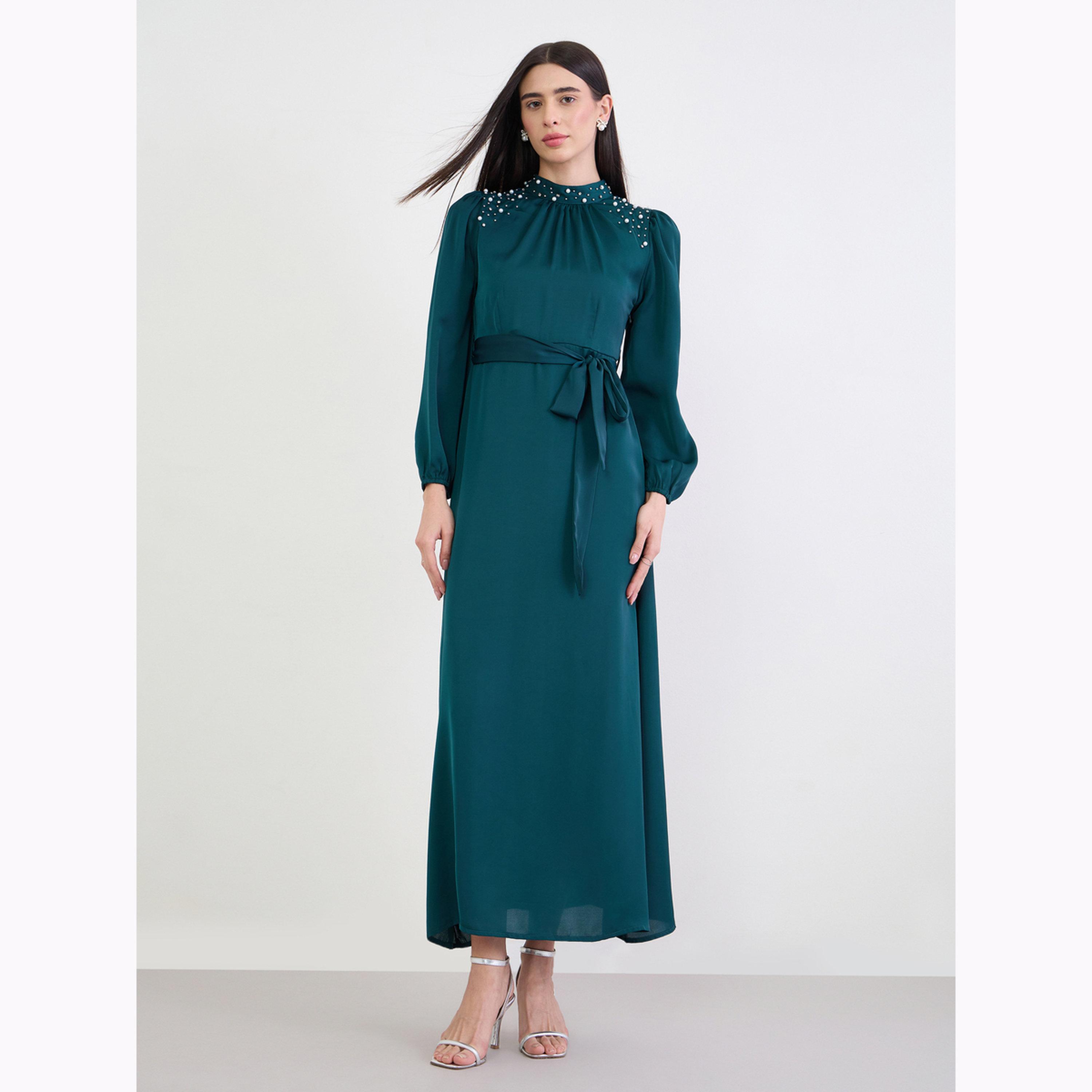 Styli Teal Embellished Yoke Satin Maxi Dress-women-clothing-dresses-image-1