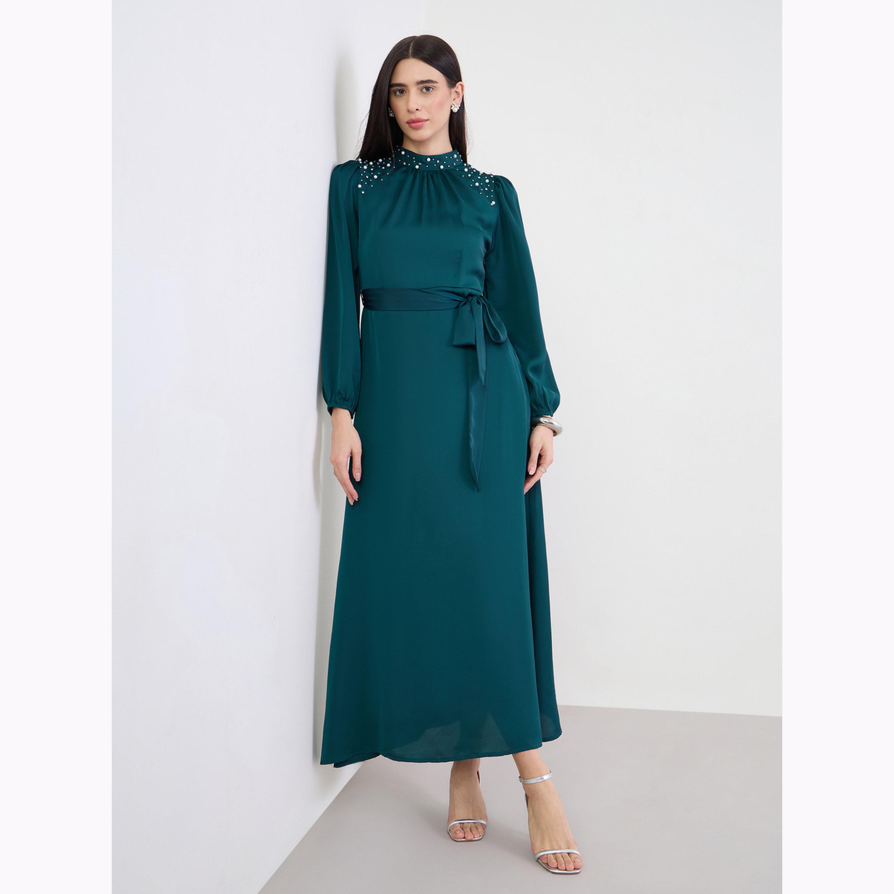 فستان طويل ساتان بتفاصيل بارزة الملمس عند الصدر-women-clothing-dresses-image-2