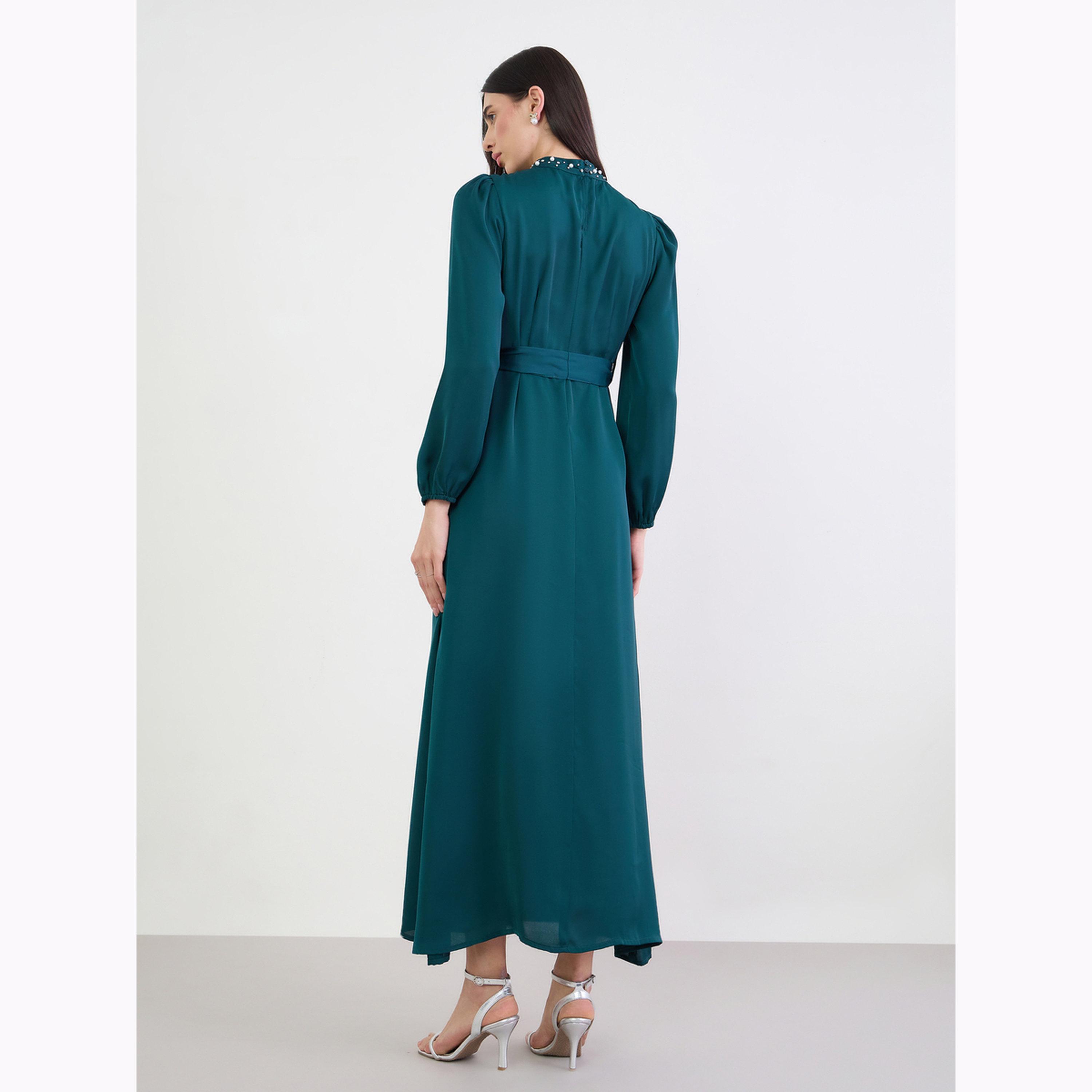 فستان طويل ساتان بتفاصيل بارزة الملمس عند الصدر-women-clothing-dresses-image-3
