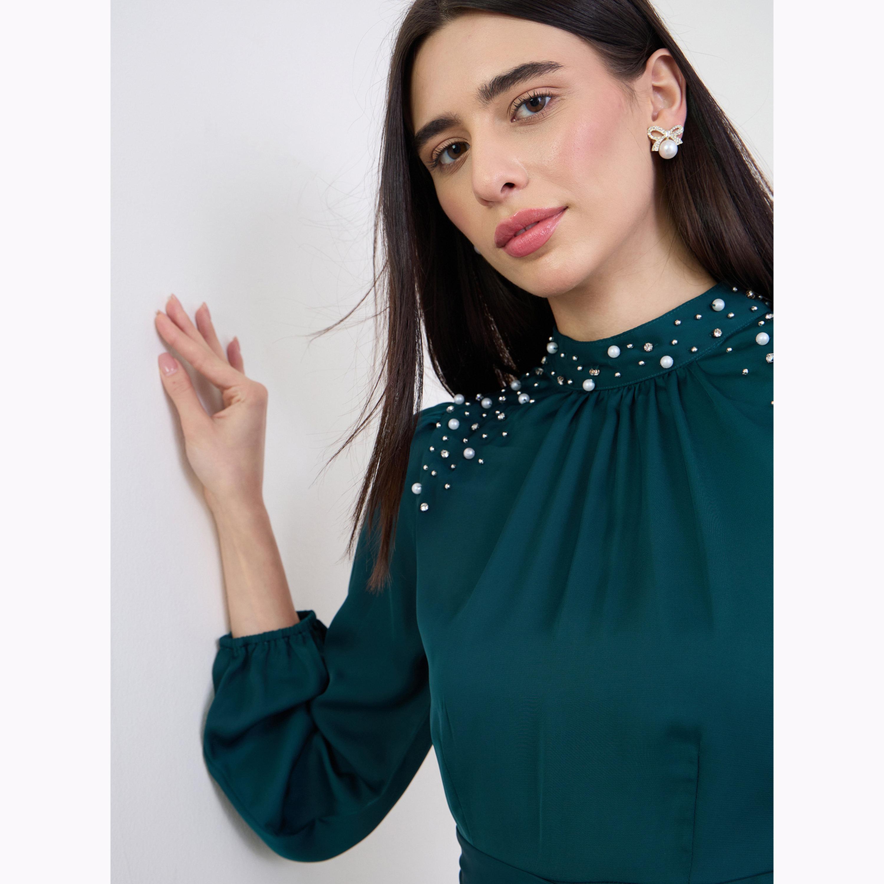 Styli Teal Embellished Yoke Satin Maxi Dress-women-clothing-dresses-image-4