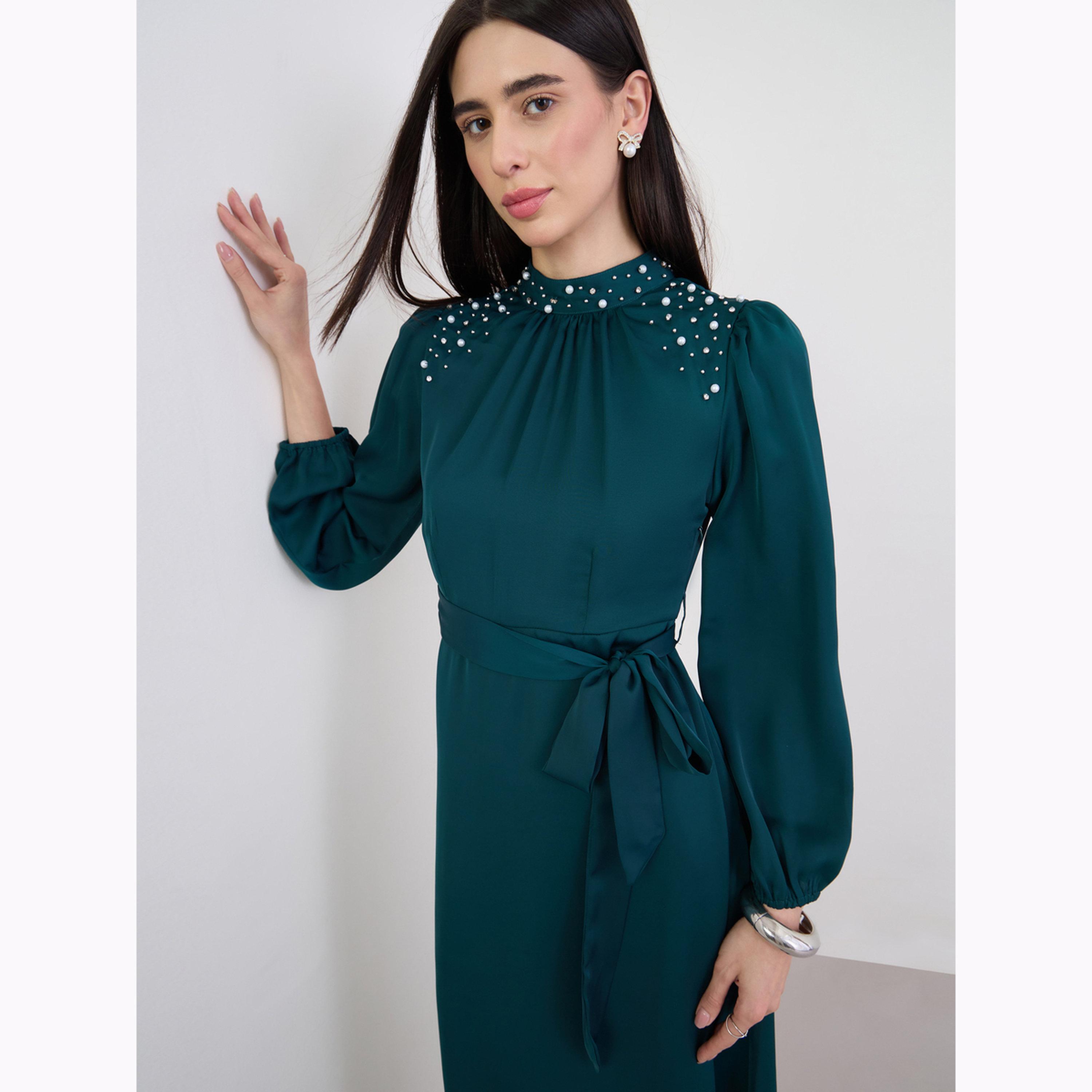 Styli Teal Embellished Yoke Satin Maxi Dress-women-clothing-dresses-image-5