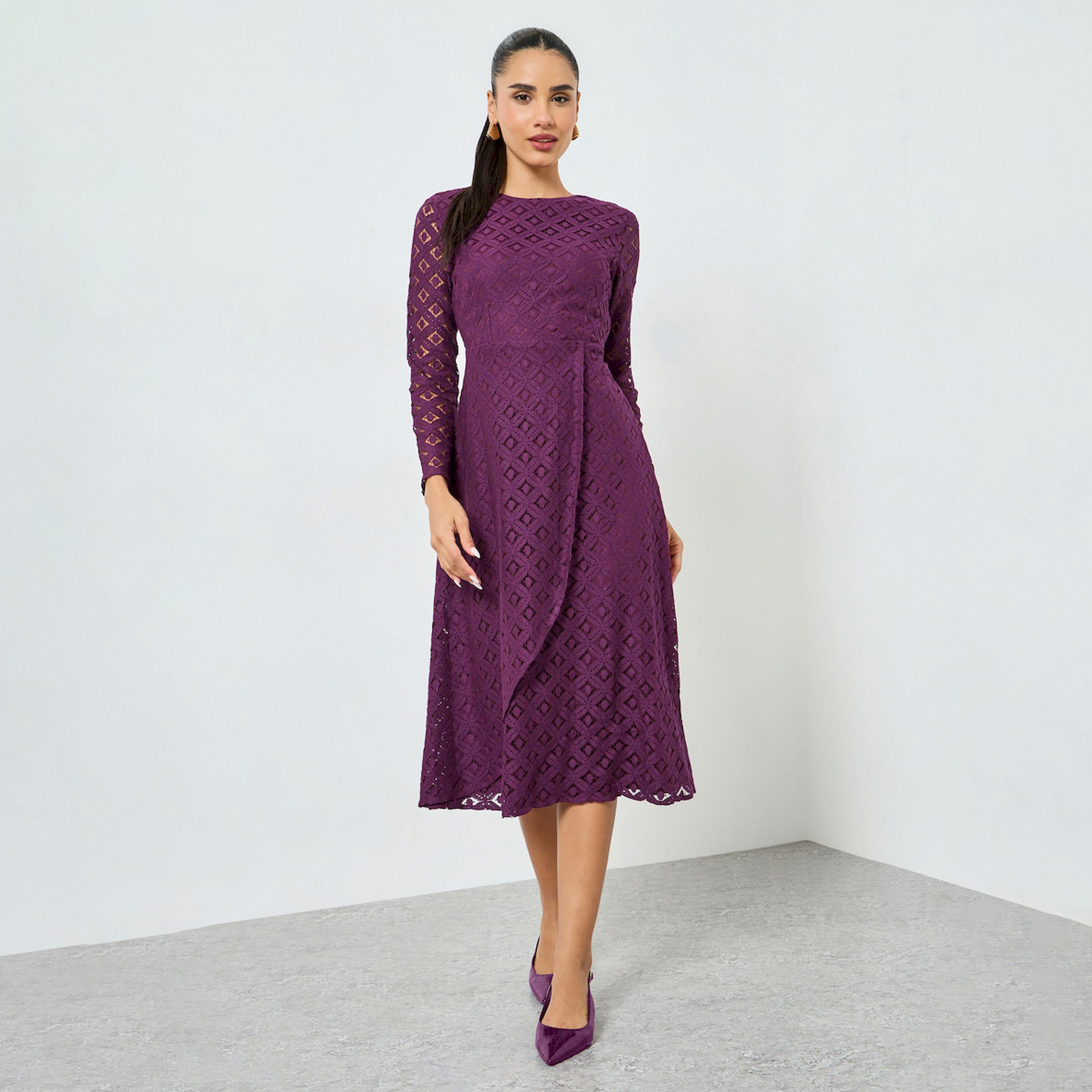 فستان ميدي أرجواني دانتيل بأكمام طويلة وحافة واسعة-women-clothing-dresses-image-1