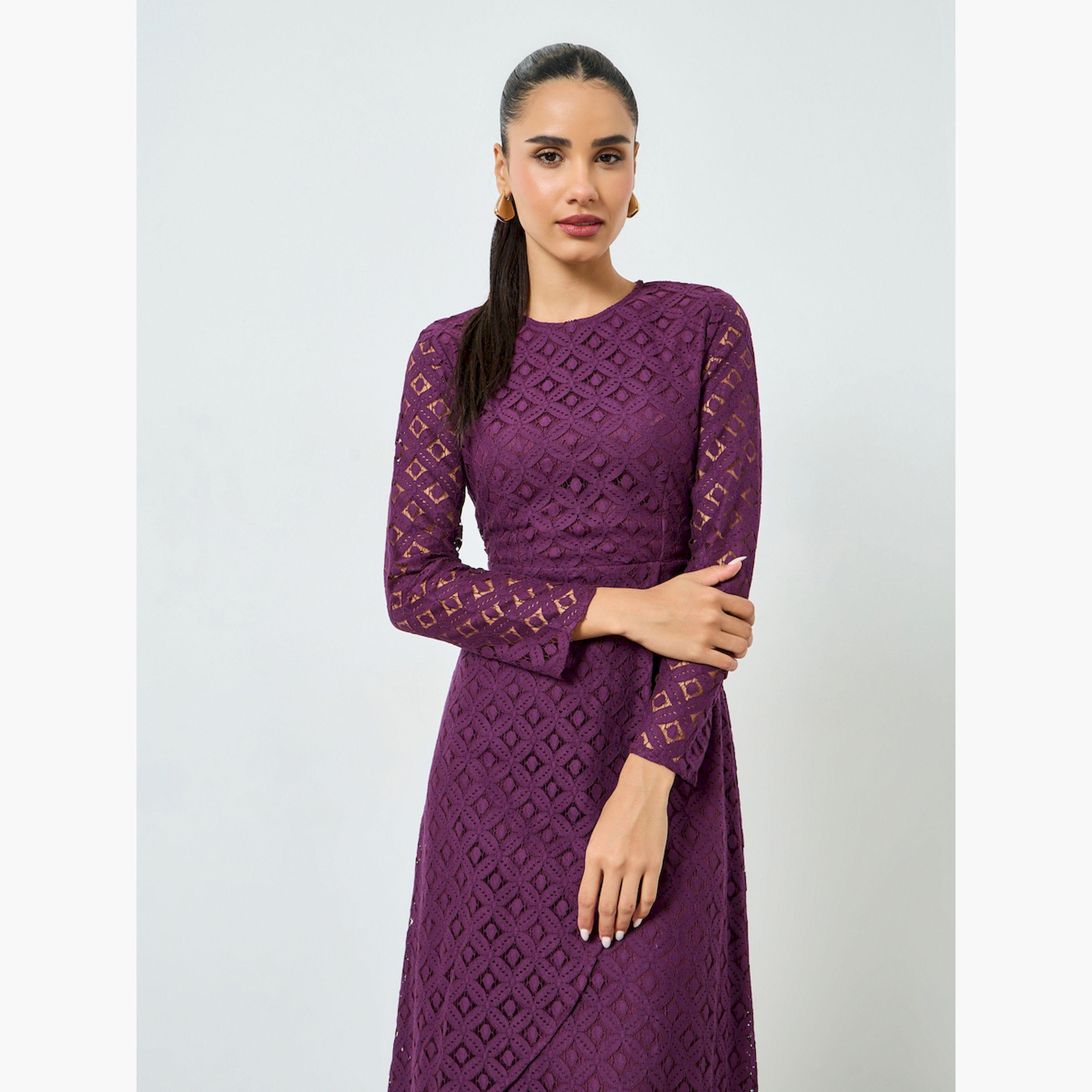 Styli Purple Lace Long Sleeves A-Line Midi Dress-women-clothing-dresses-image-2