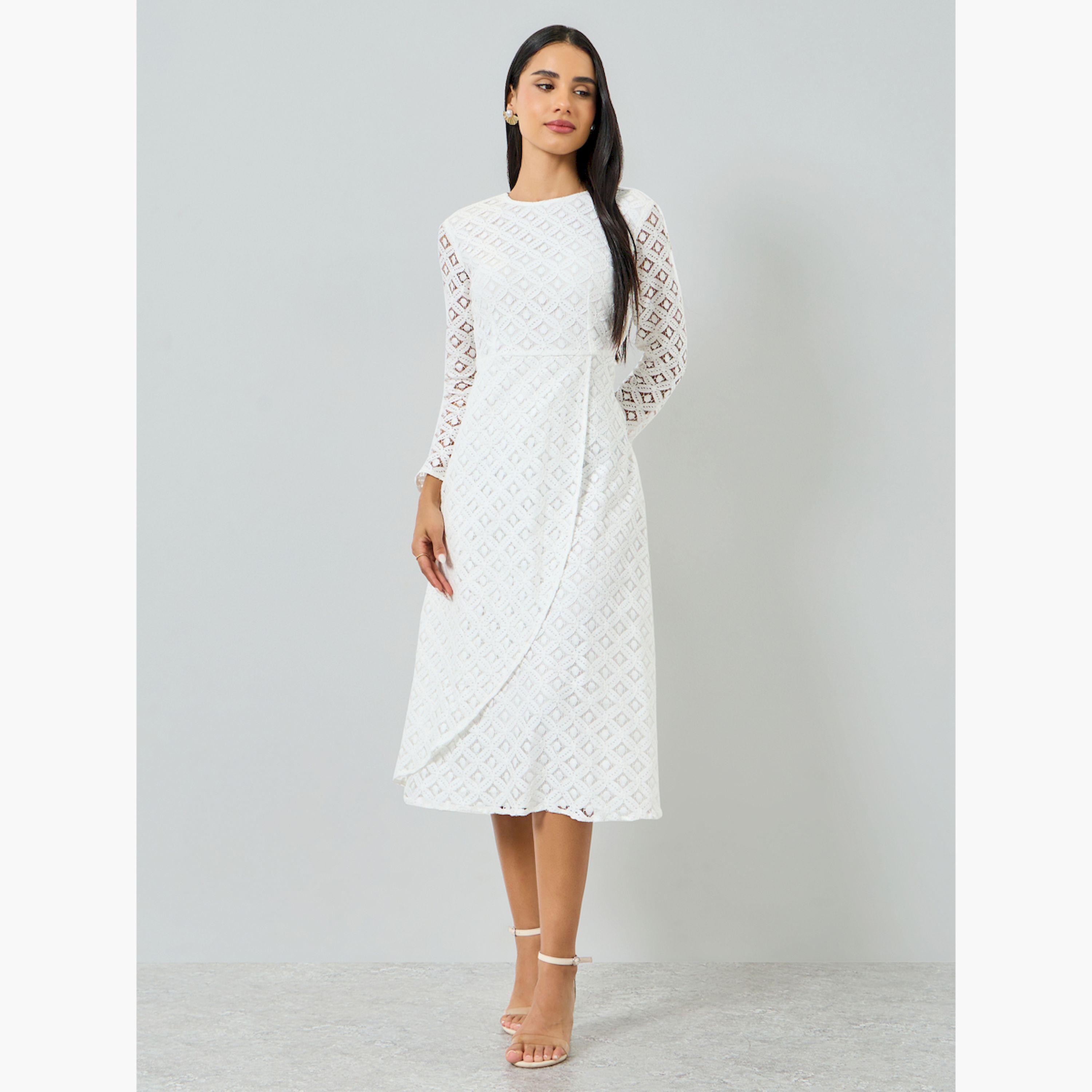 فستان ميدي بحافة واسعة بأكمام قصيرة ودانتيل-women-clothing-dresses-image-1