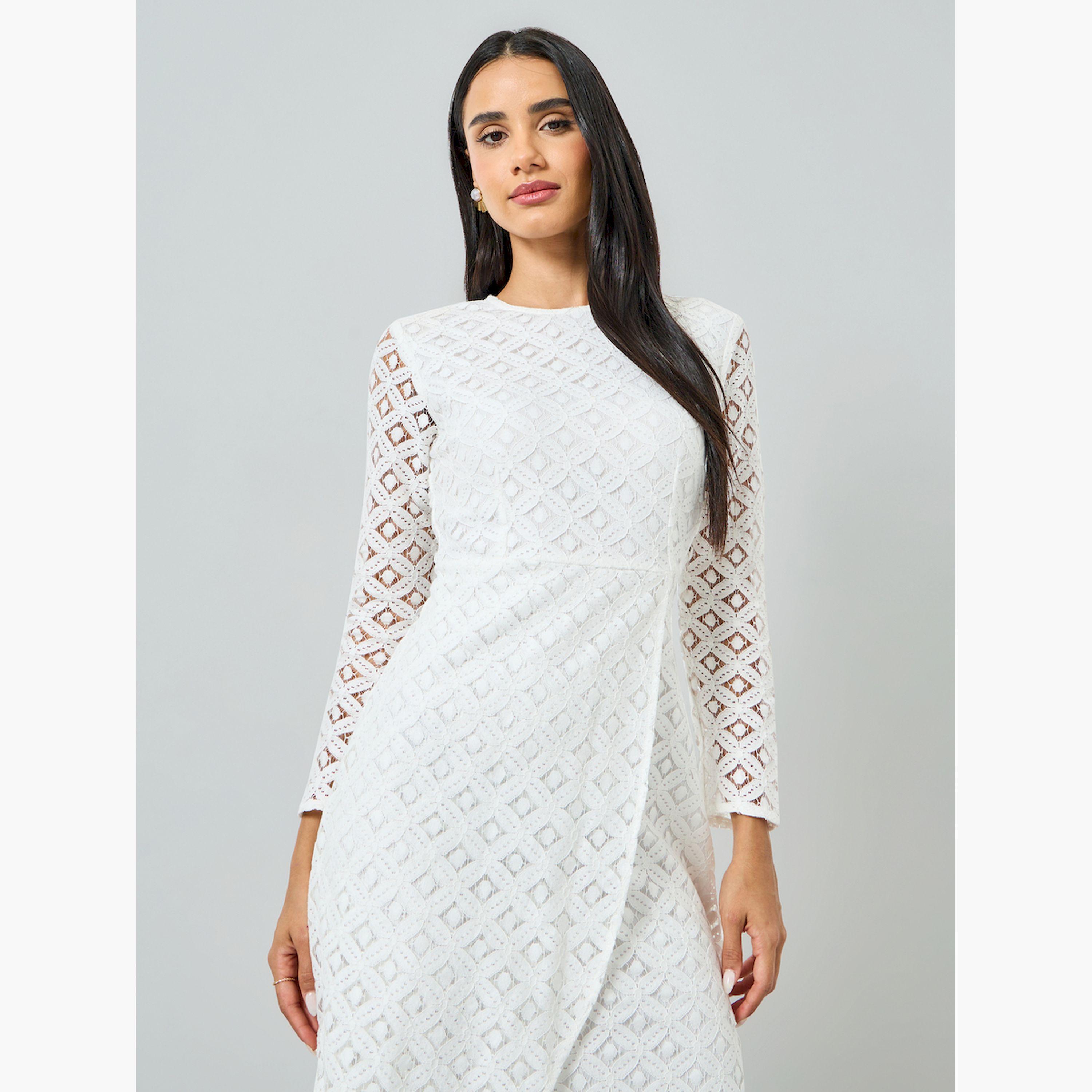 Styli White Lace Short Sleeves A-Line Midi Dress-women-clothing-dresses-image-2