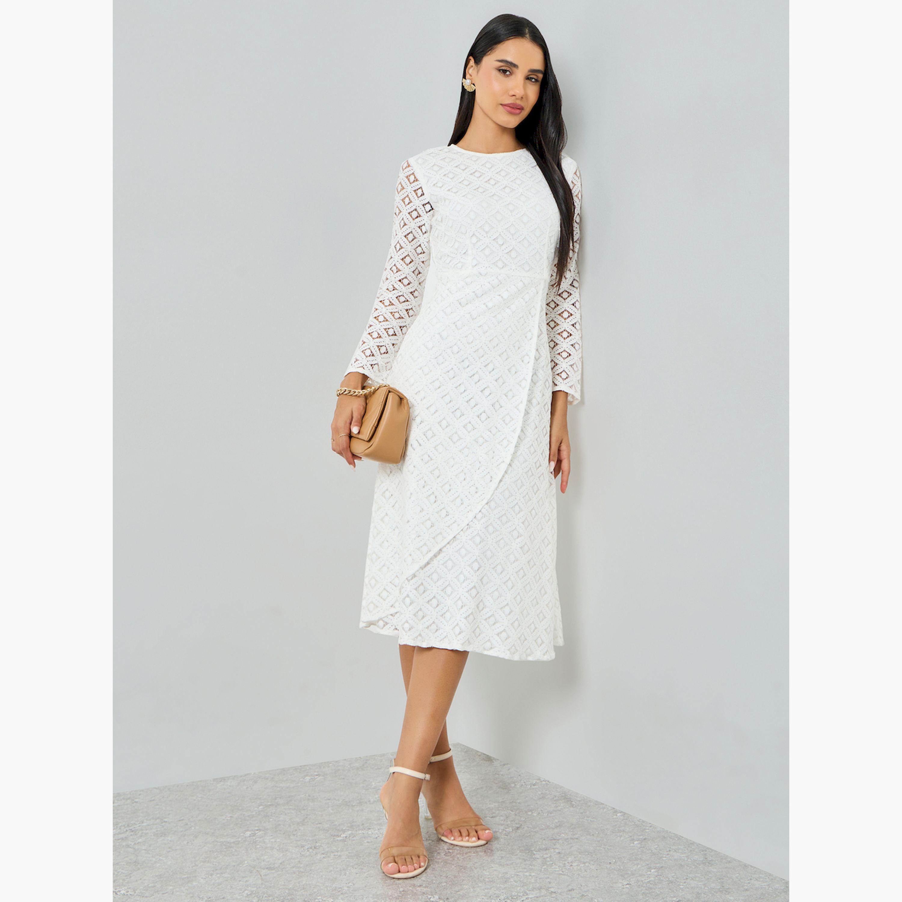 Styli White Lace Short Sleeves A-Line Midi Dress-women-clothing-dresses-image-3