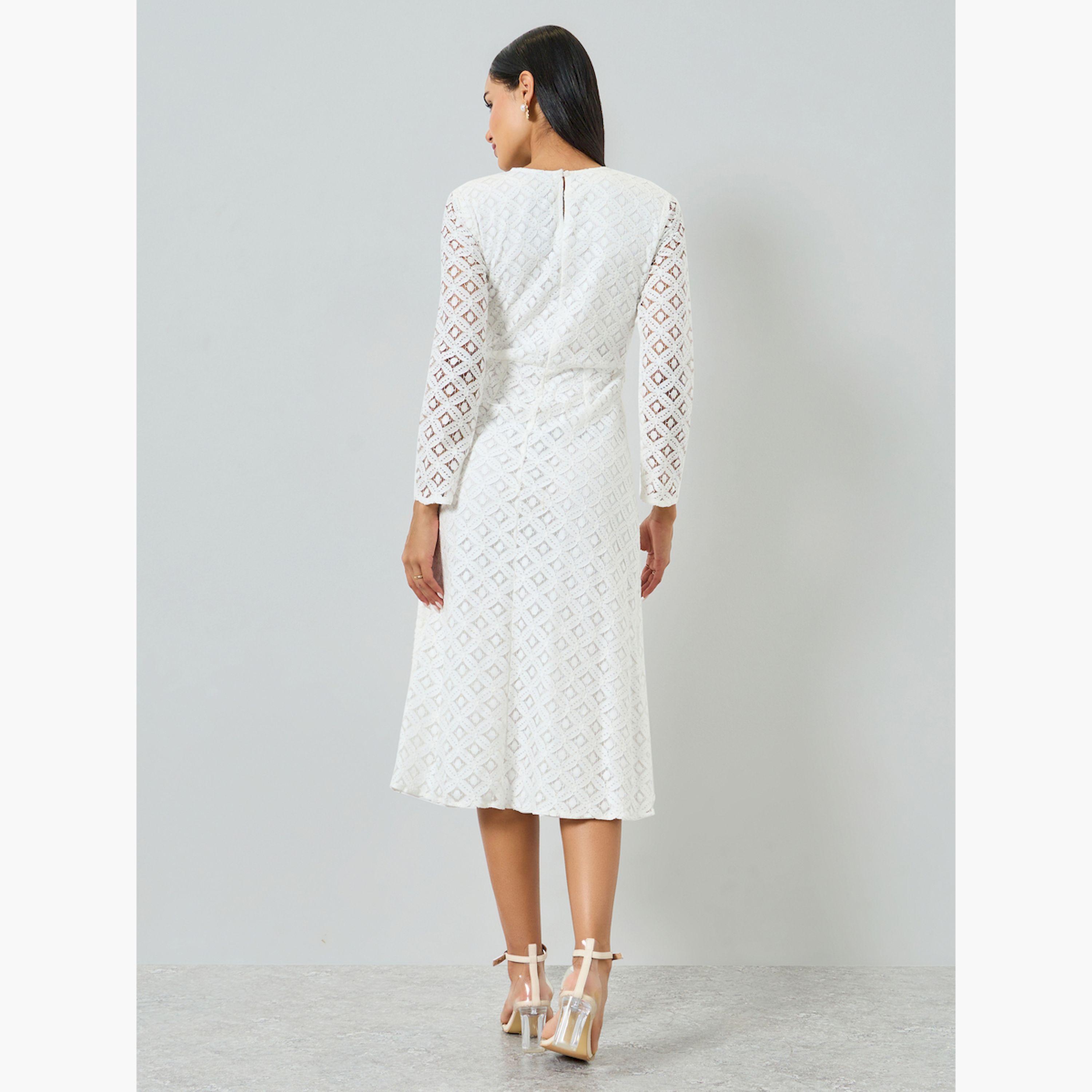 Styli White Lace Short Sleeves A-Line Midi Dress-women-clothing-dresses-image-4