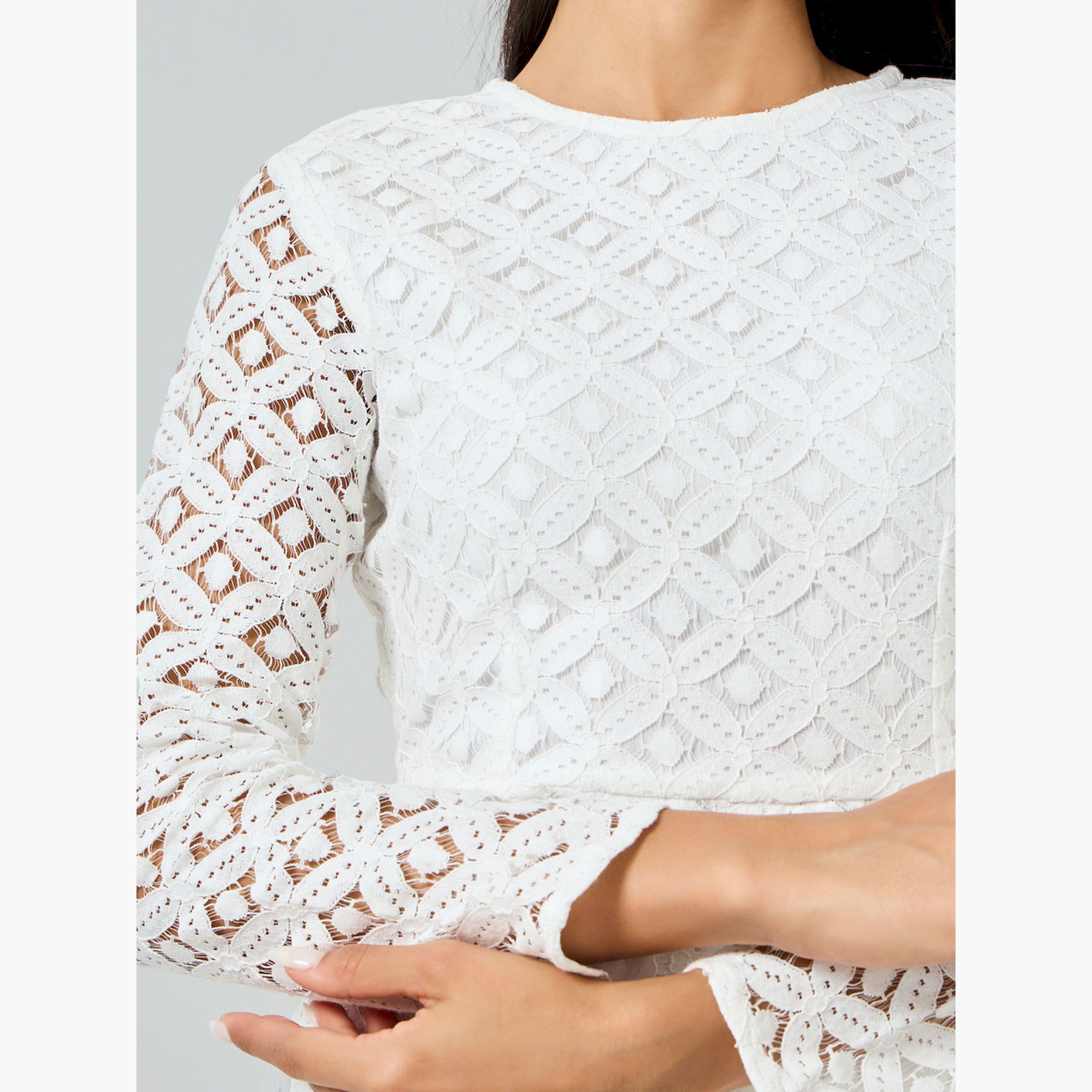 Styli White Lace Short Sleeves A-Line Midi Dress-women-clothing-dresses-image-5