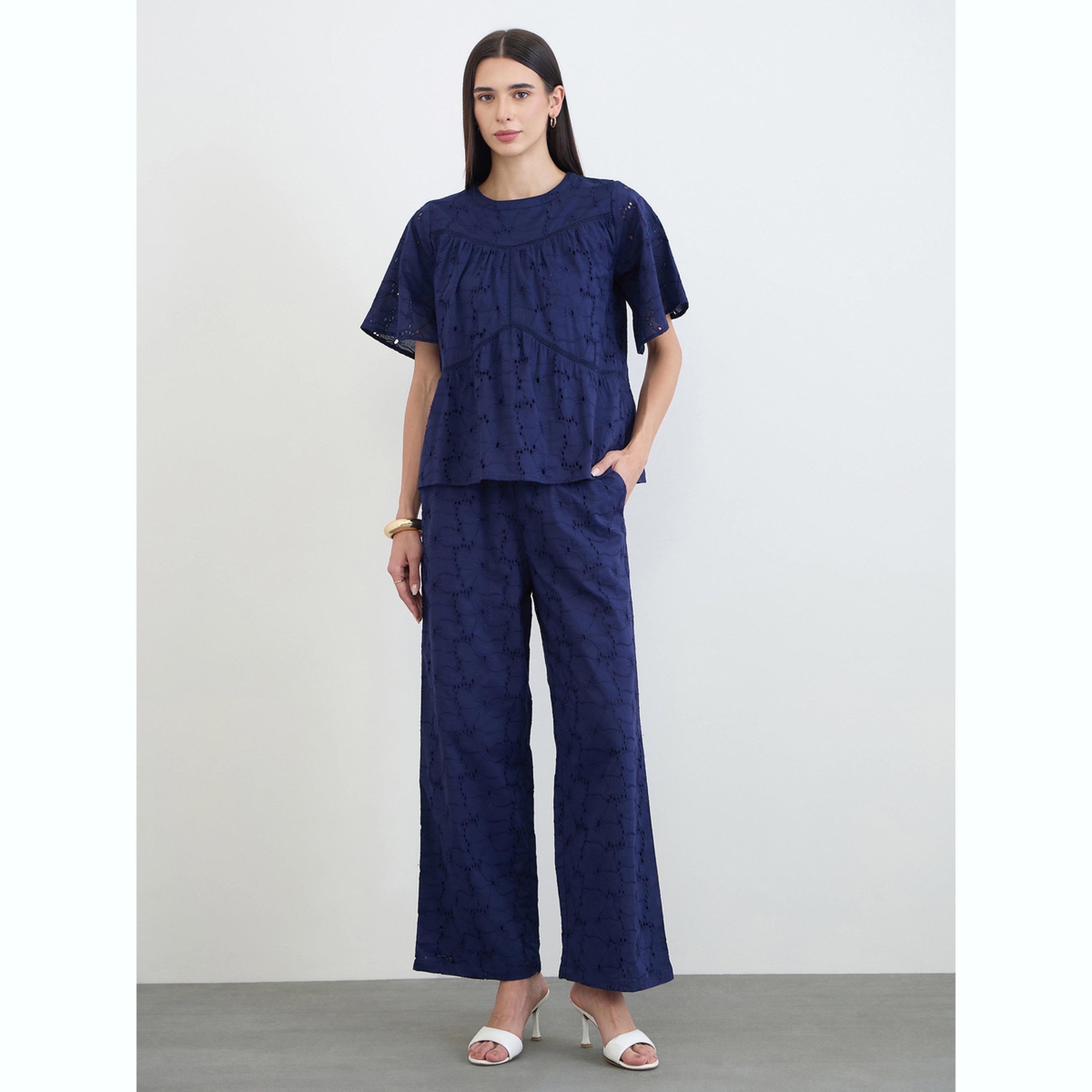 طقم منسق من بنطال وبلوزة قطن شيفلي أزرق كحلي-women-clothing-coordsets-image-1