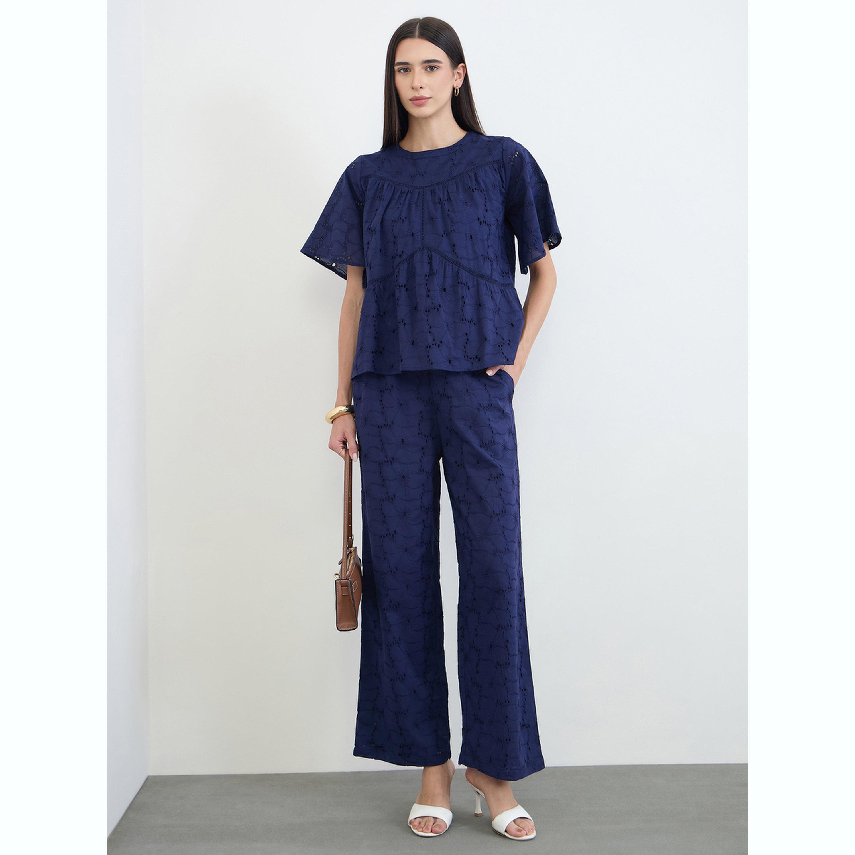 طقم منسق من بنطال وبلوزة قطن شيفلي أزرق كحلي-women-clothing-coordsets-image-2