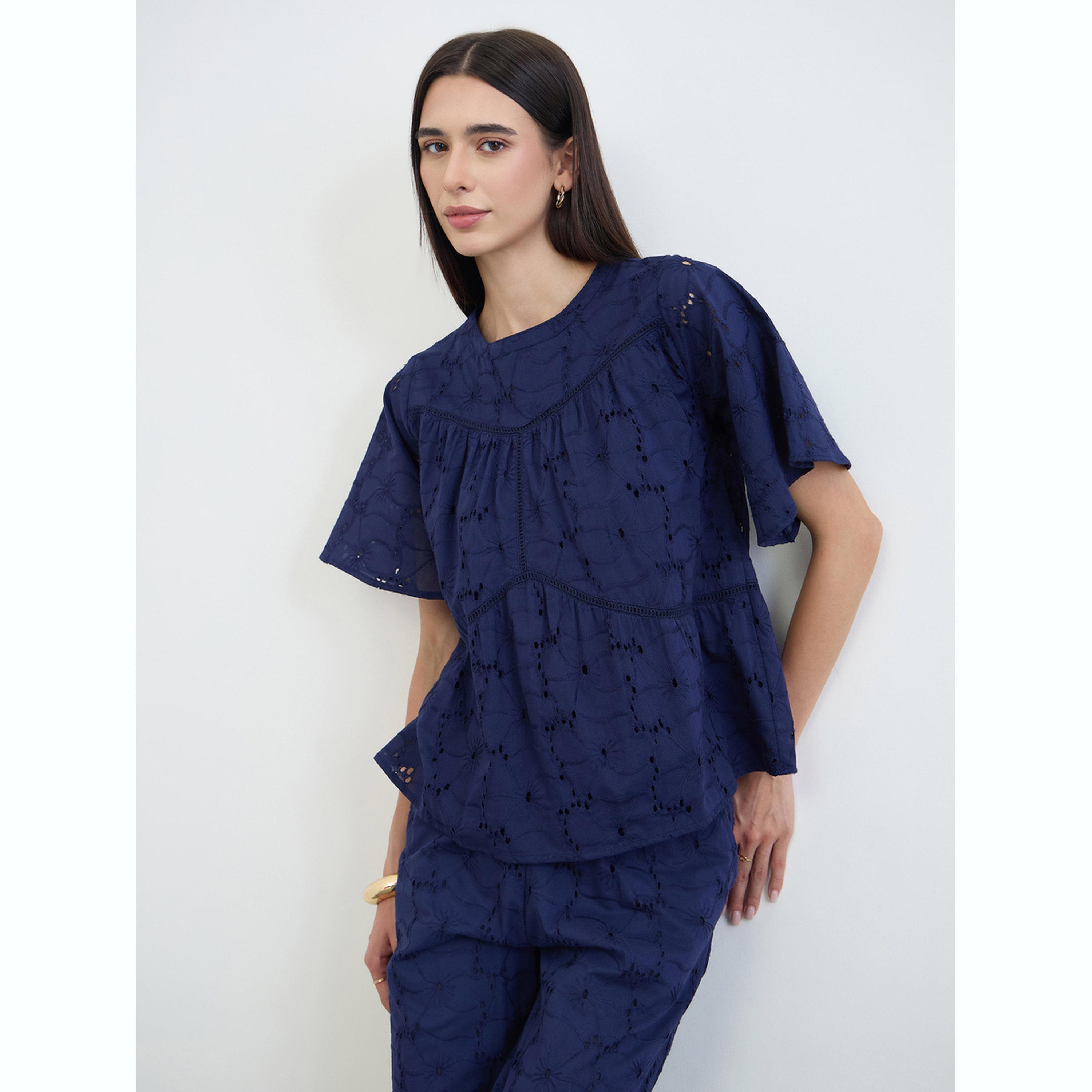 طقم منسق من بنطال وبلوزة قطن شيفلي أزرق كحلي-women-clothing-coordsets-image-3