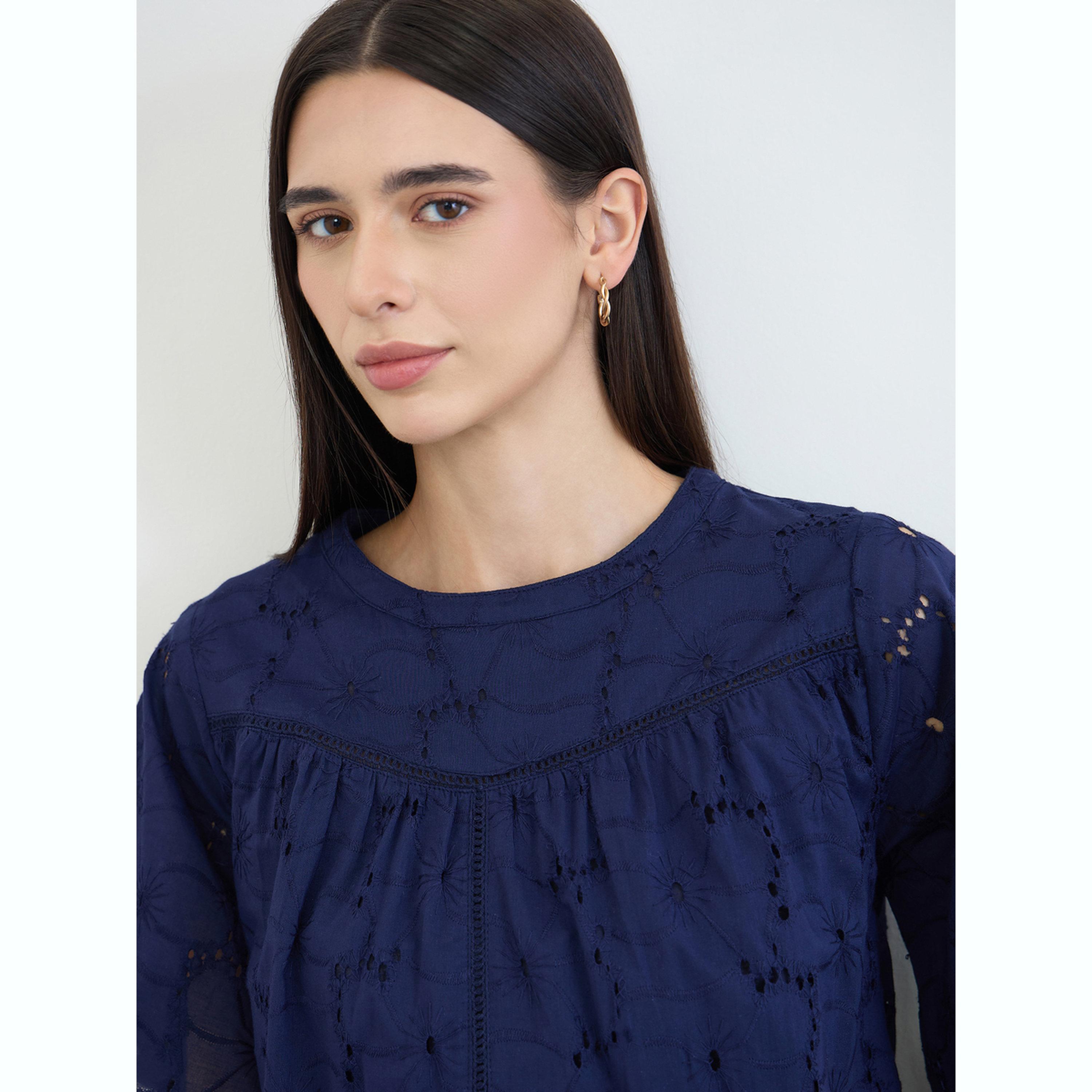 طقم منسق من بنطال وبلوزة قطن شيفلي أزرق كحلي-women-clothing-coordsets-image-5