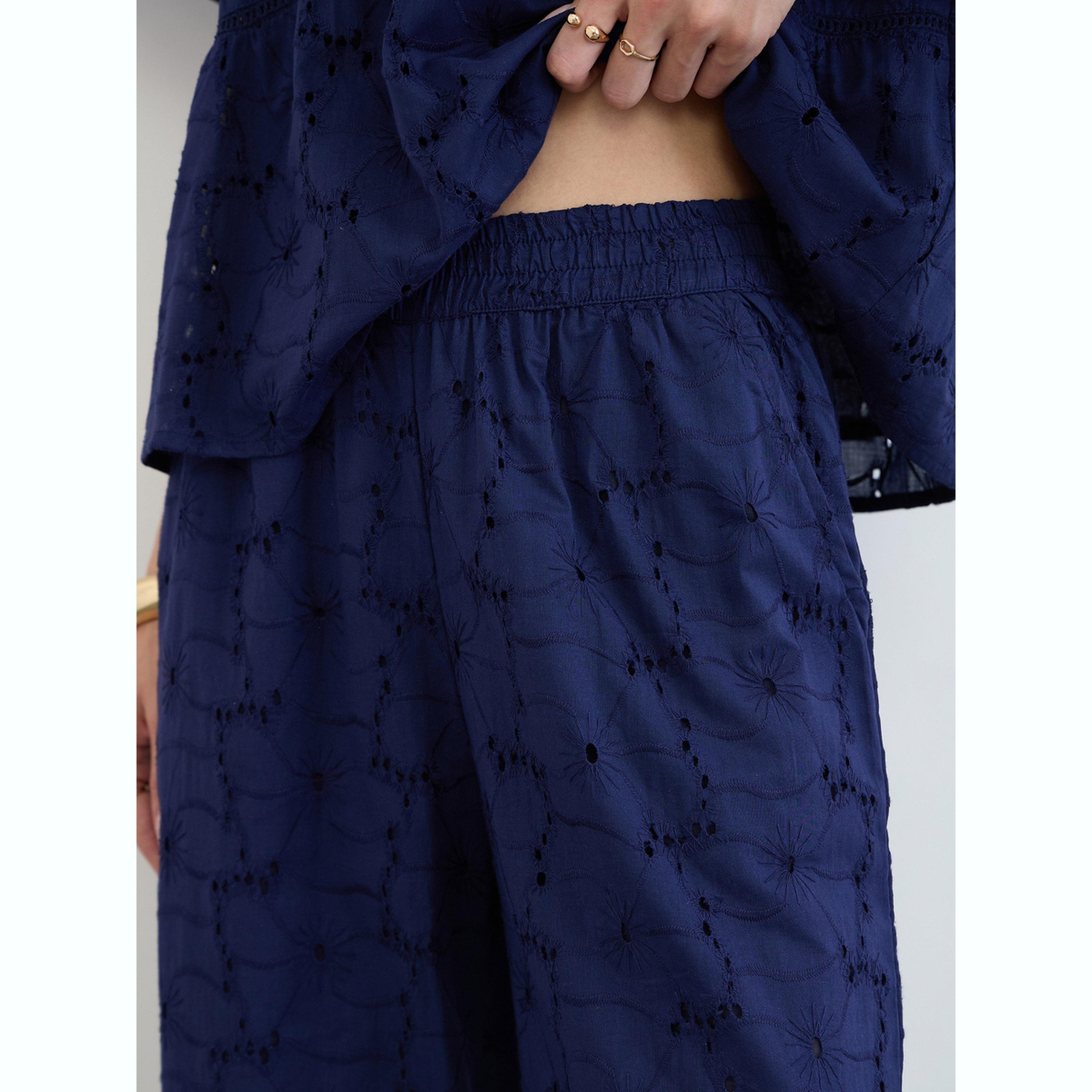طقم منسق من بنطال وبلوزة قطن شيفلي أزرق كحلي-women-clothing-coordsets-image-6
